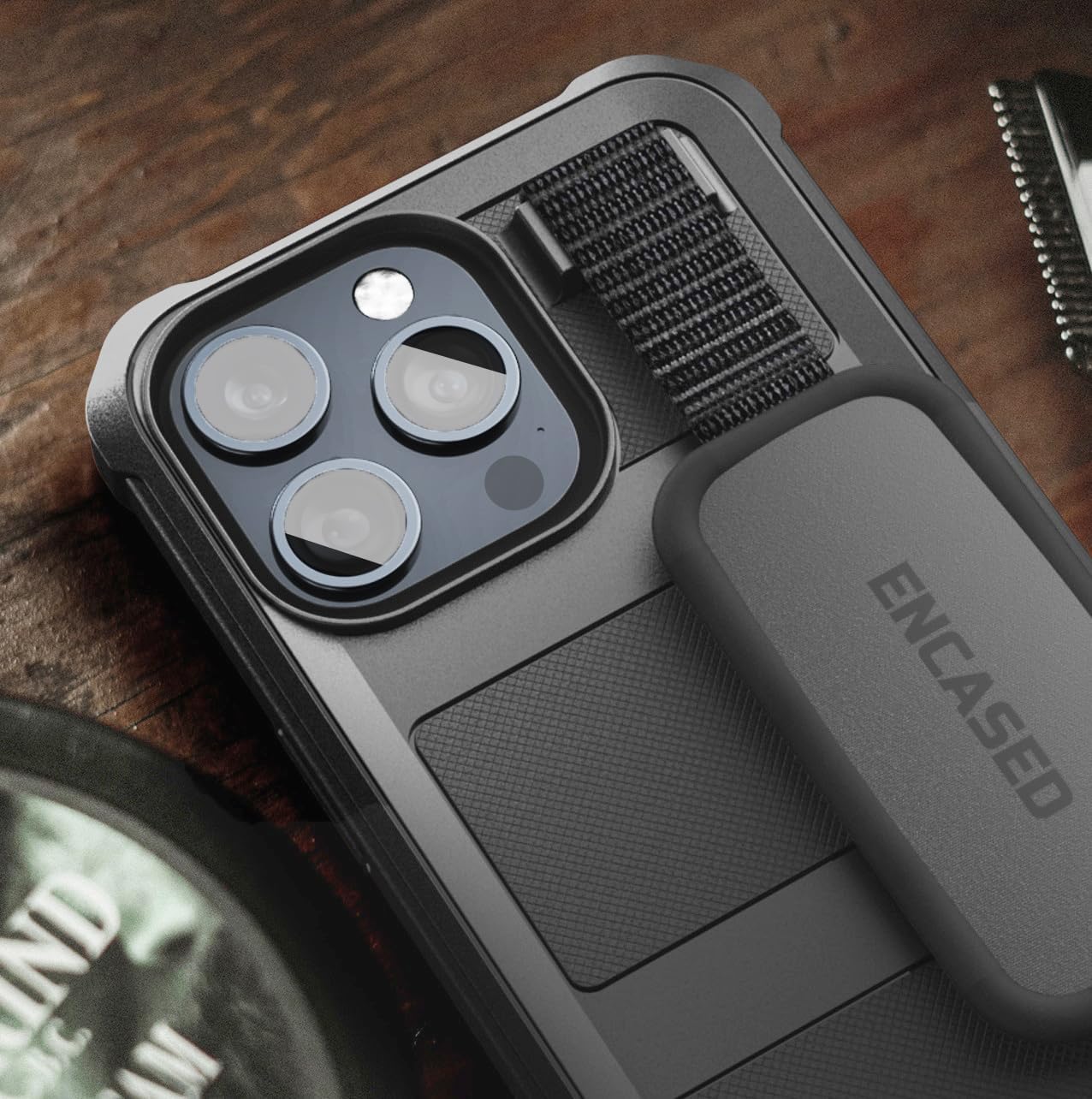 ENCASED Protective Hand Strap Case - Designed for iPhone 15 Pro Max (6.7") Full-Body Shockproof Phone Protection (Black)