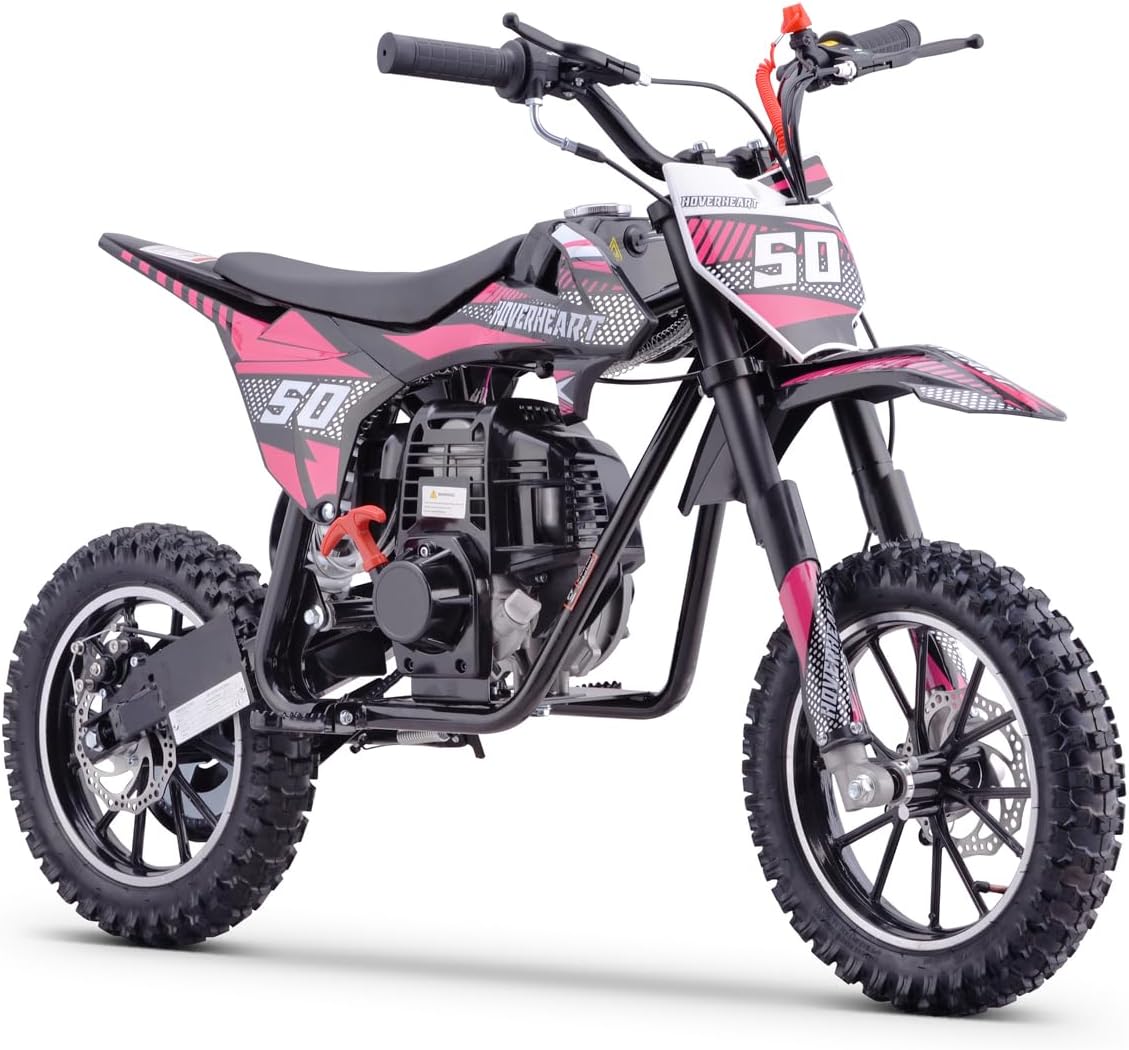 Hoverheart Gas Dirt Bike, 50cc 4-Stroke Gas Powered Kids Off Road Motorcycle (Model-DB4S004) with Off-Road Tire, Suspensions, Disc Brakes, Max Load 165Lbs, Up to 25Mph, NO OIL MIX REQUIRED (PINK)