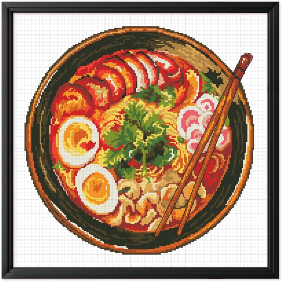 FREEBLOSS 11CT Stamped Cross Stitch Kit for Adults Beginners with Instructions Ramen Delights Pattern Cross Stitch Wall Hanging Kit Embroidery Wall Art Decoration No Frame 18x18in