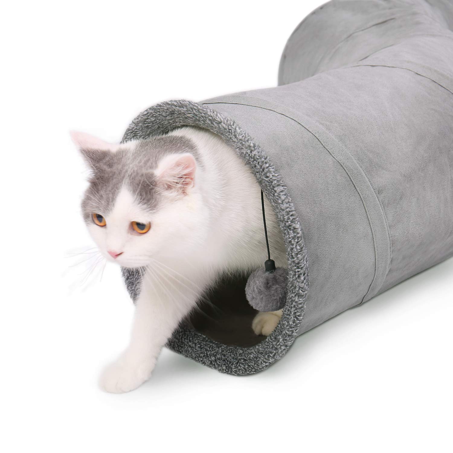 OHANA S Forme Jouet Tunnel pour Chat en Daim, Grand Tunnel a Chat Pliable avec 2 Trous et Boule Suspendue pour Chats Chatons Lapins Dia27 * 117cm