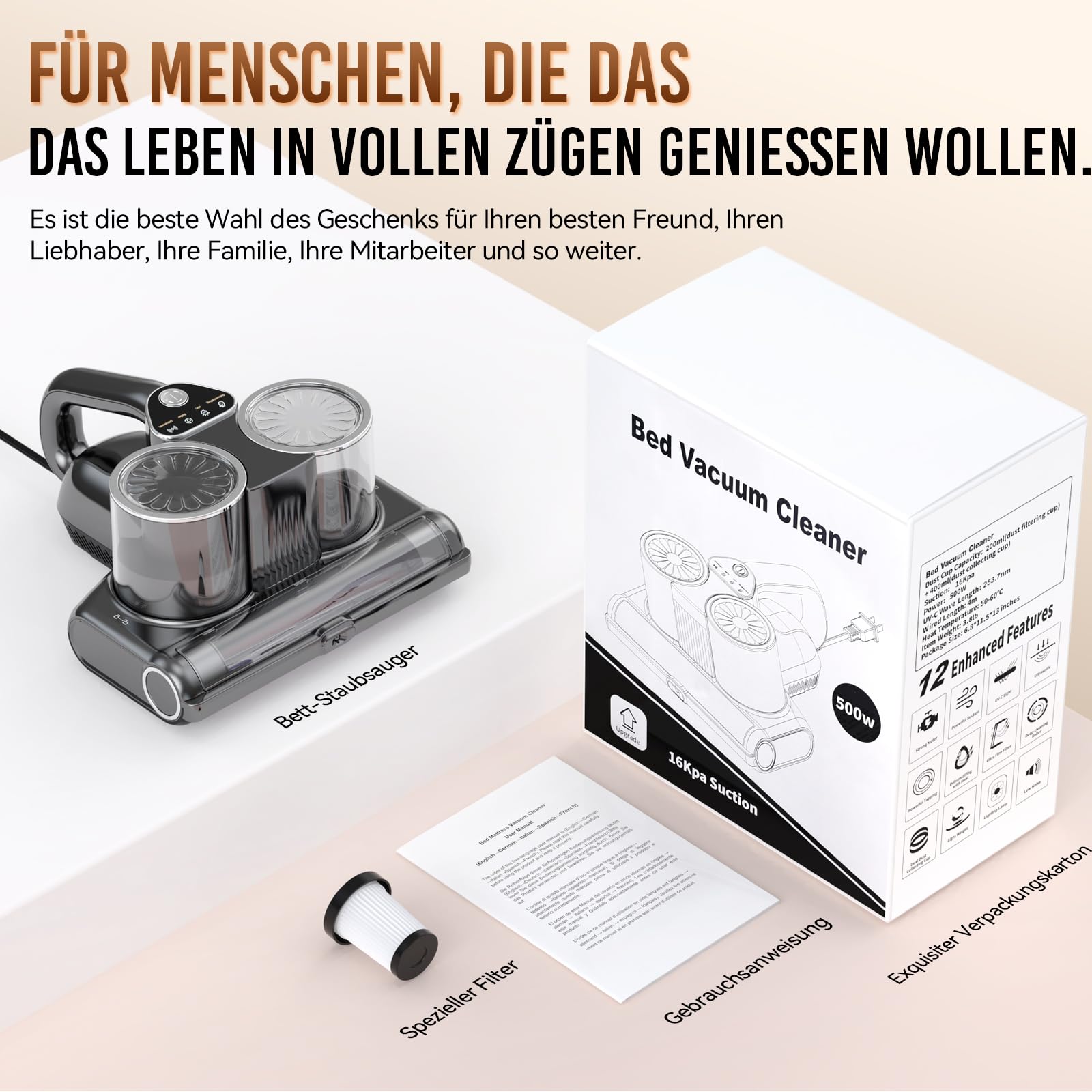 Milbensauger für Matratzen mit UV-Licht, 16Kpa, 500W Bettstaubsauger Matratzenreiniger