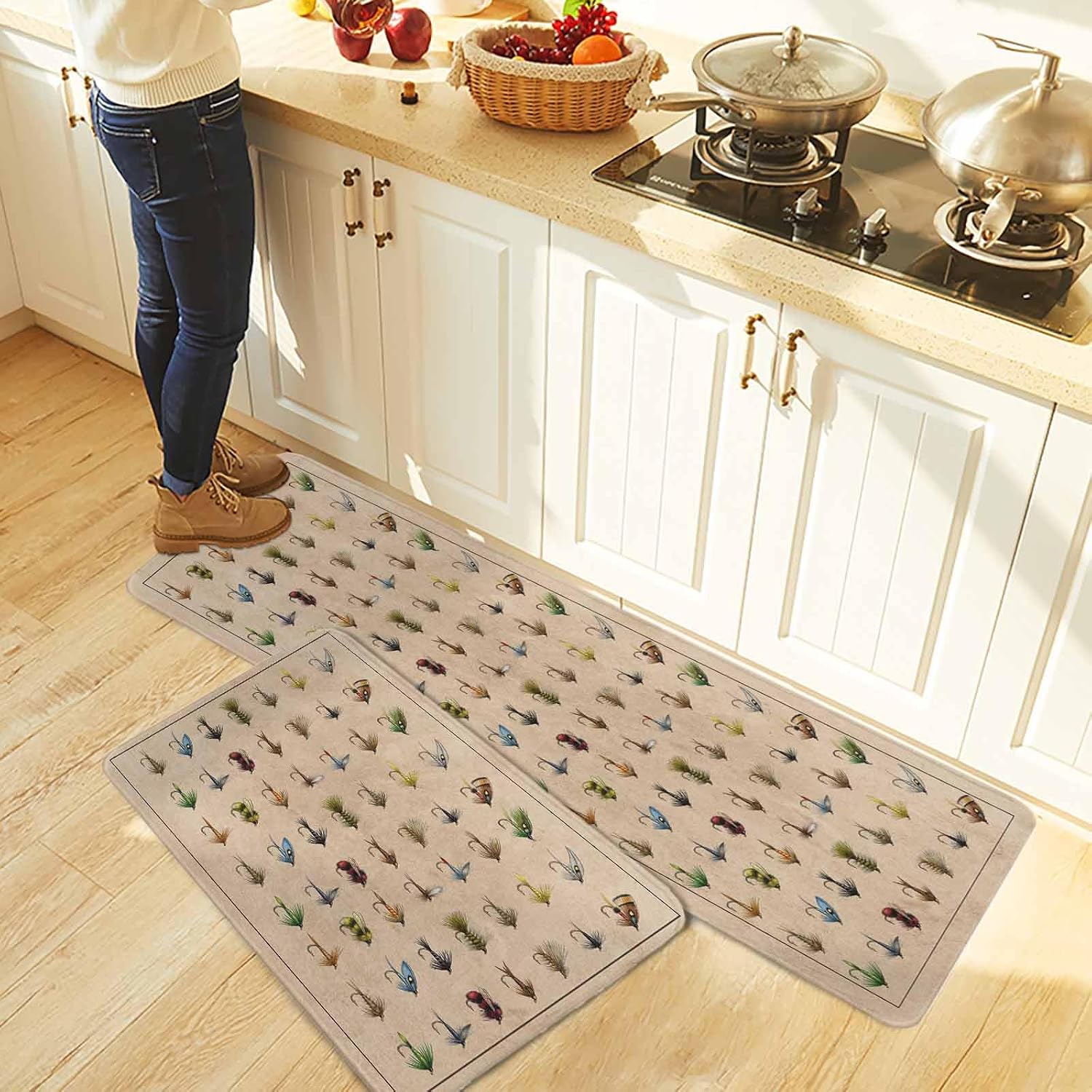 Ocean Fishhooks Kitchen Rugs and Mats Set of 2, Non-Slip Kitchen Sink Mat, Vintage Coastal Fishing Pattern Brown Washable Doormat Bathroom Rugs Runner for Bedroom/Living Room 19.7"x31.5"+19.7"x63"