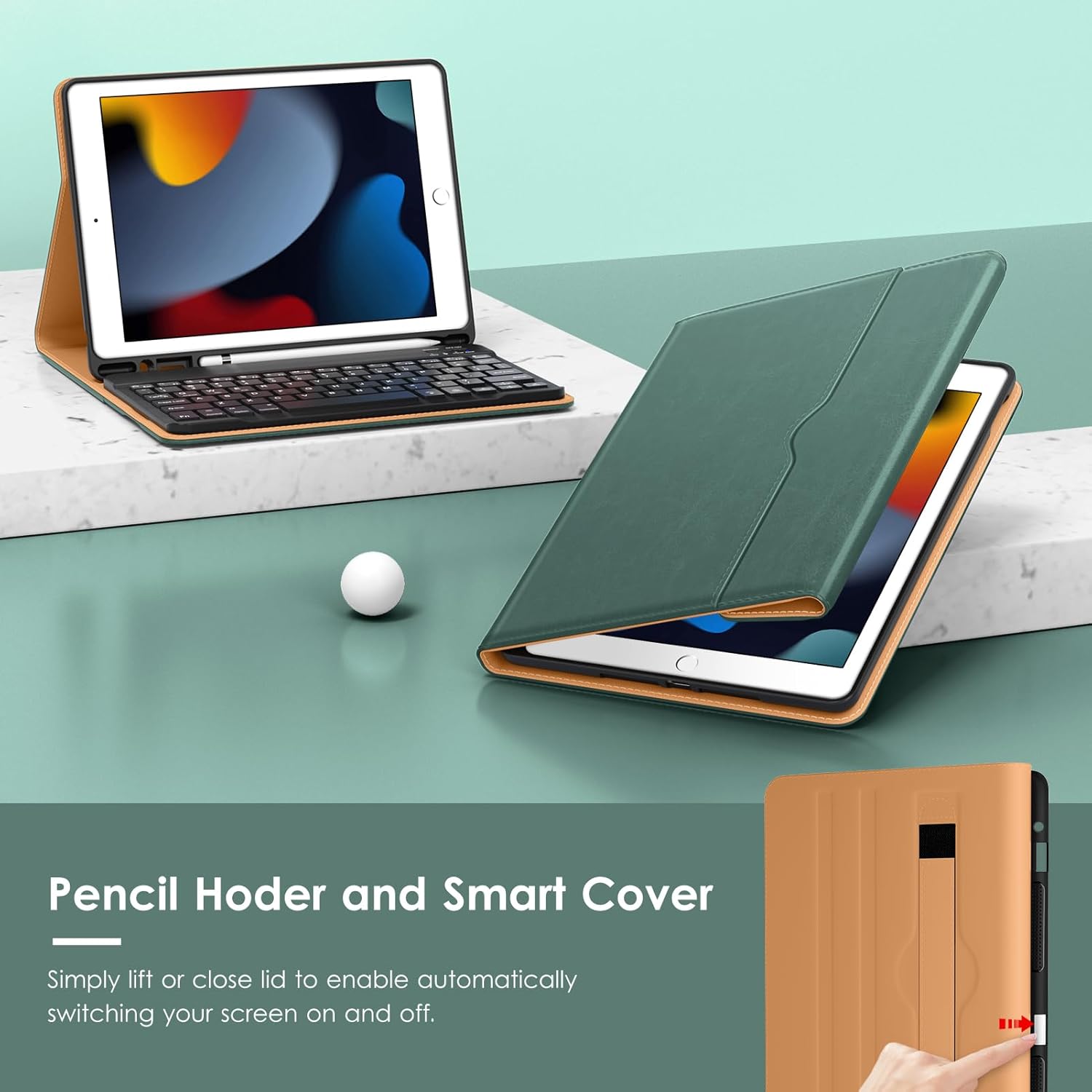 VIKESI Keyboard Case for iPad 9th / 8th / 7th Generation 10.2 inch (2021/2020/2019), Premium Leather Smart Cover, Built-in Breathing Light, Function Row, Pencil Holder, Card Slots - Green