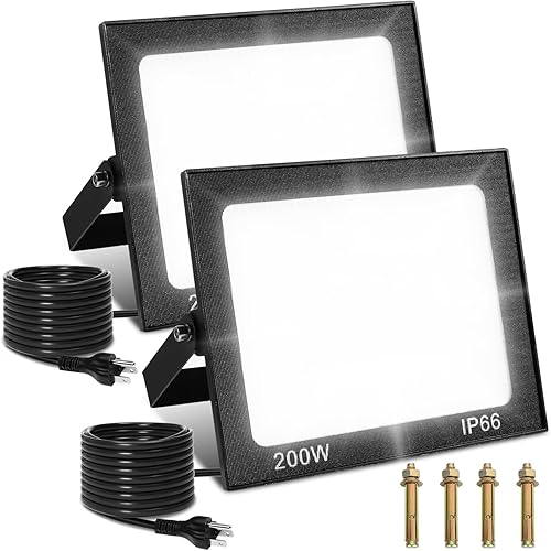 Luces LED de inundación para exteriores, 200 W, reflectores para exteriores, paquete de 2 con enchufe, 10000 lúmenes, luz de trabajo LED súper
