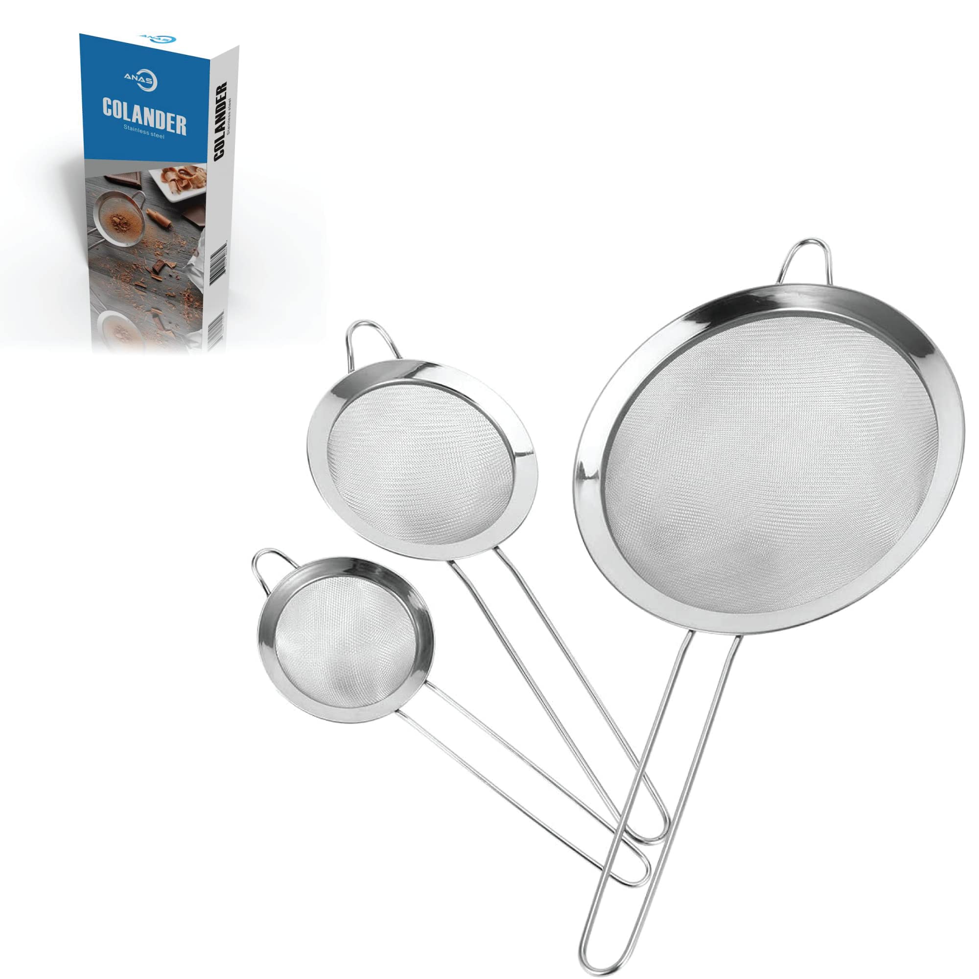 3 Fine Mesh Strainers Set with Handle for Kitchen - Sizes 7", 4.7", 3.3", Easy Clean 304 Stainless Steel, Comfortable Non-Slip Grip. Ideal for Tea, Coffee, Rice, Quinoa, Veggies & Fruits