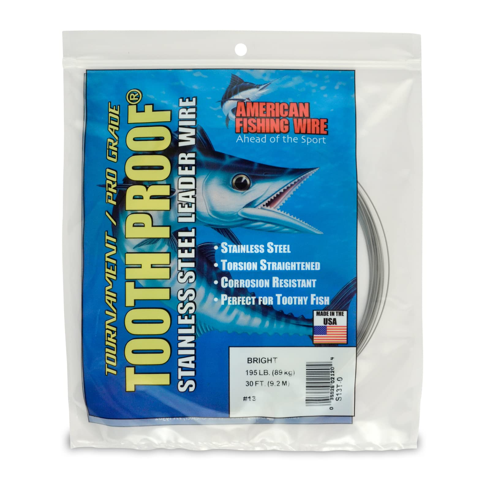 American Fishing Wire Tooth Proof Stainless Steel Single Strand Leader Wire, Size 13, Bright Color, 195 Pound Test, 30-Feet — image 1