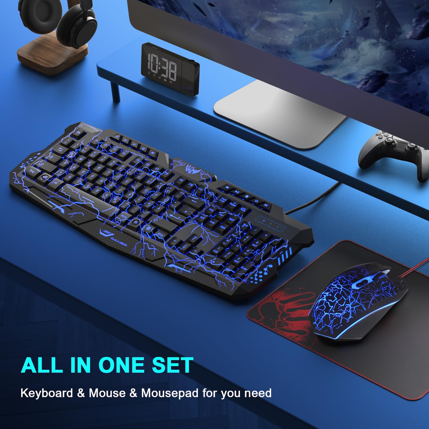 QWERTZ DE - Set tastiera e mouse da gioco, 114 tasti, tastiera retroilluminata a LED, mouse da gioco ergonomico a 4 colori, grande tappetino per mouse, USB per PC PS5 Xbox