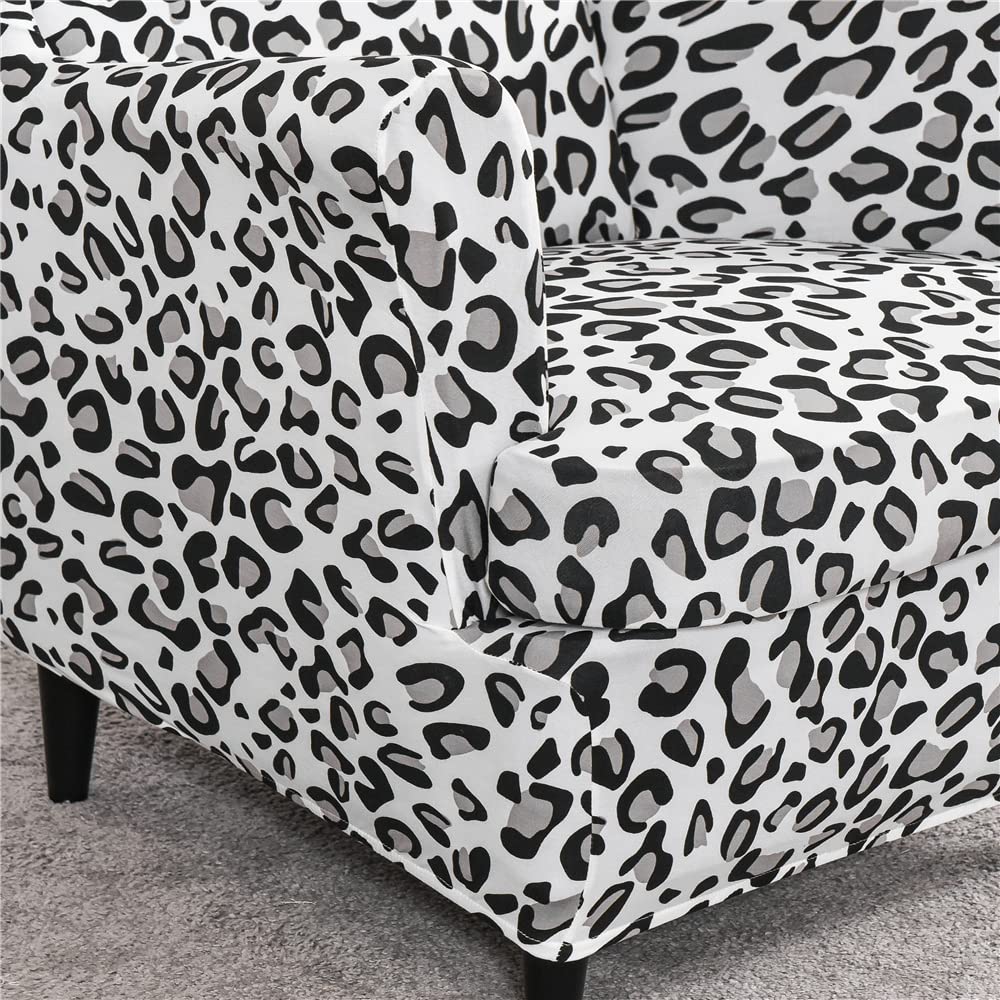 Highdi Copripoltrona Con Orecchie + CopriPouf Elasticizzato – 2 Pezzi, Fantasia Leopardo Bianco, Lavabile - 2
