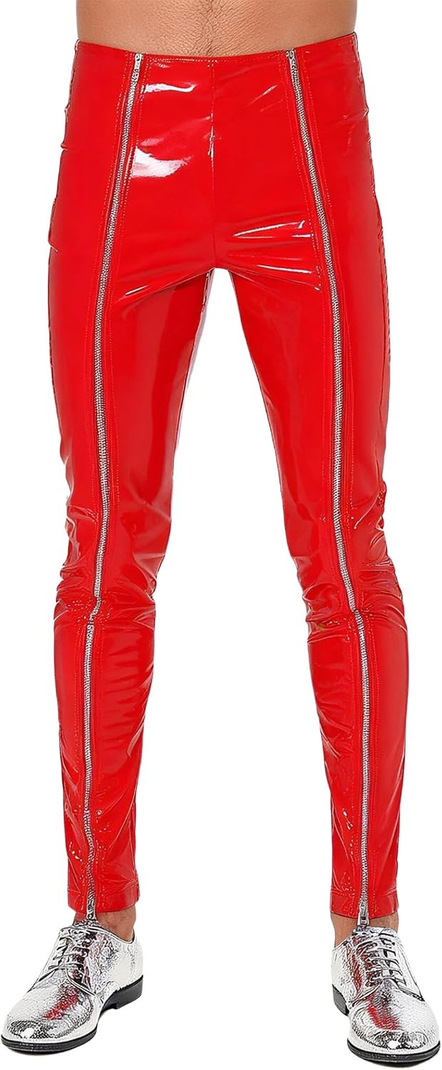 Yhong Faux Leather Zipper Leggings for Men Latex Tights