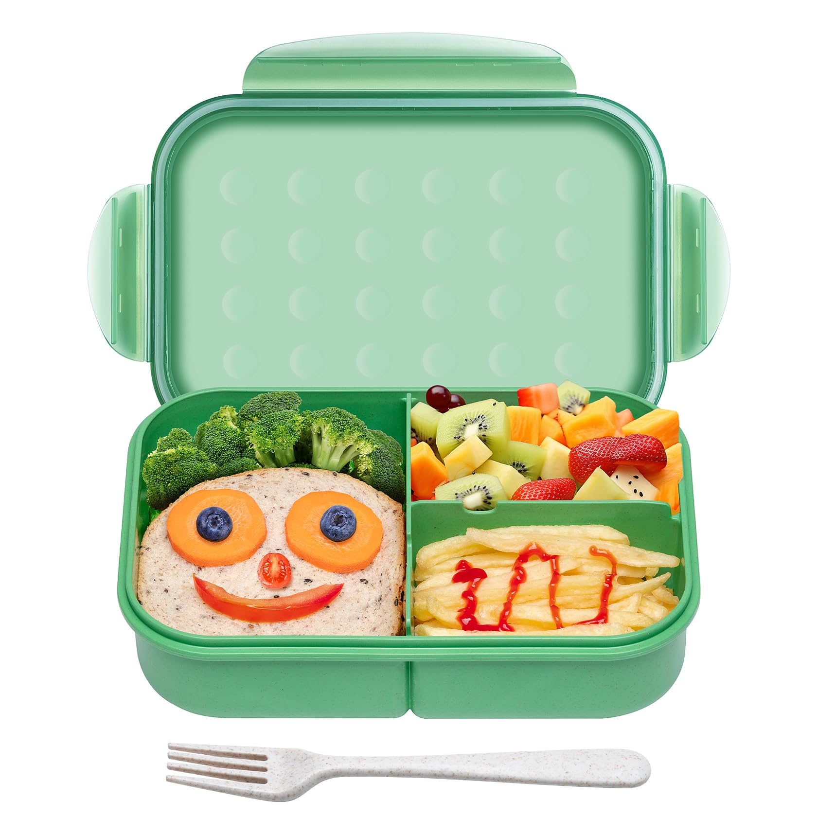 Bento Box for Kids & Adults, Leakproof 3-Compartment Lunch Box, BPA-Free Wheat Straw Material, Microwave & Dishwasher Safe, 5.5 Cup (Green)