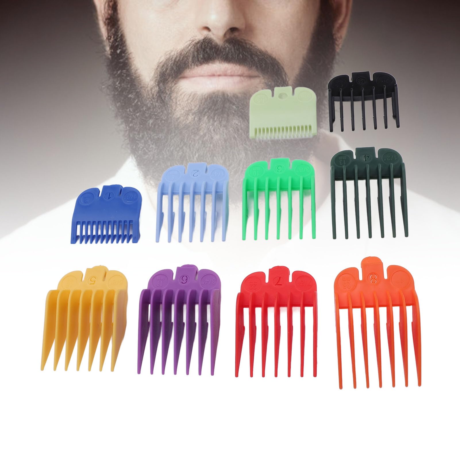 Haarschneidemaschinen-Schutz-Set, runde Ecken, bunte Zahlencodierte Führungskämme, ABS-Haarschneidemaschinenschutz, kompatibel mit Haarschneidemaschinen, 1,5/3/4,5/6/10/13/16/19/22/25 mm, 10 Stück