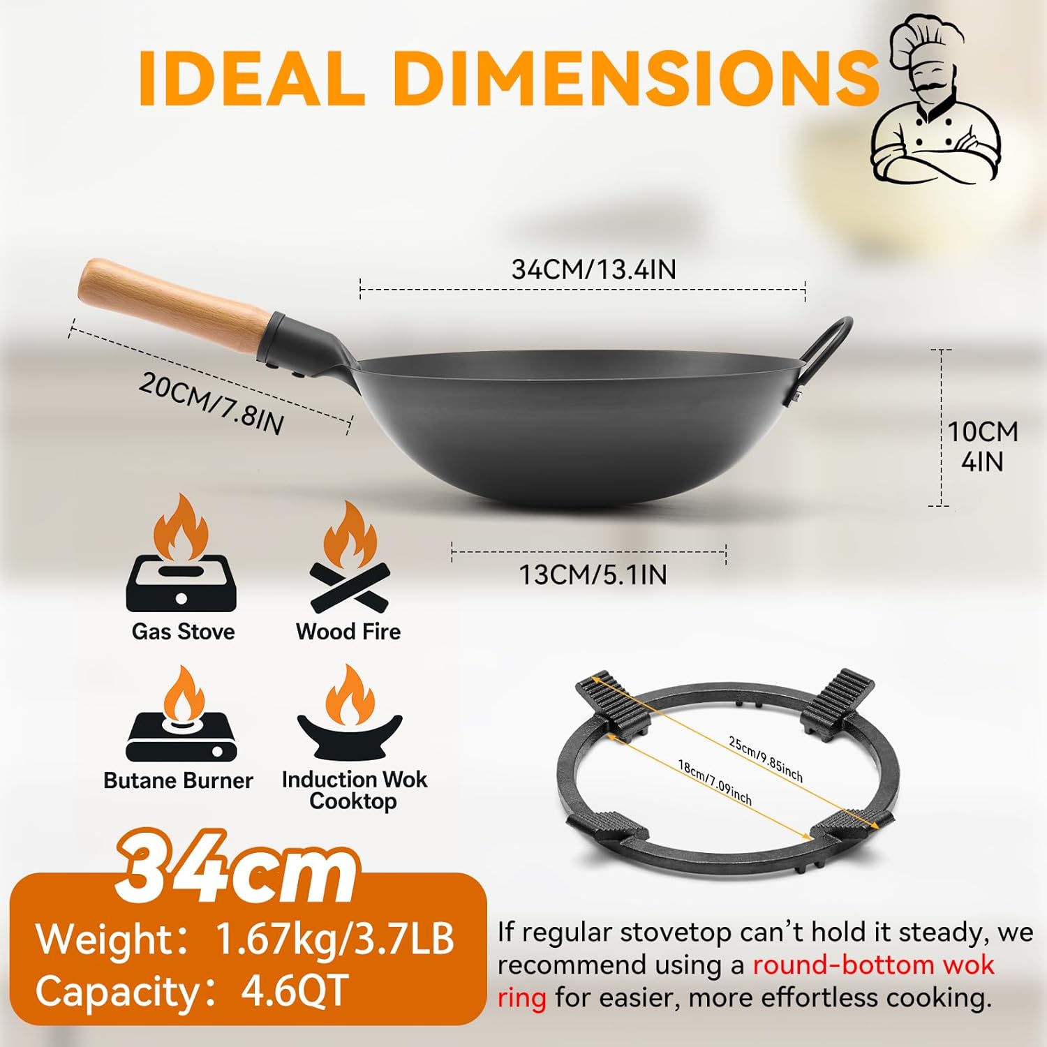 WANGYUANJI 13.4-Inch Stainless Steel Silicone Kitchen Tongs, 13.4" Round-Bottom Iron Wok, Deep Chinese Stir-Fry Pan (Seasoning Required)