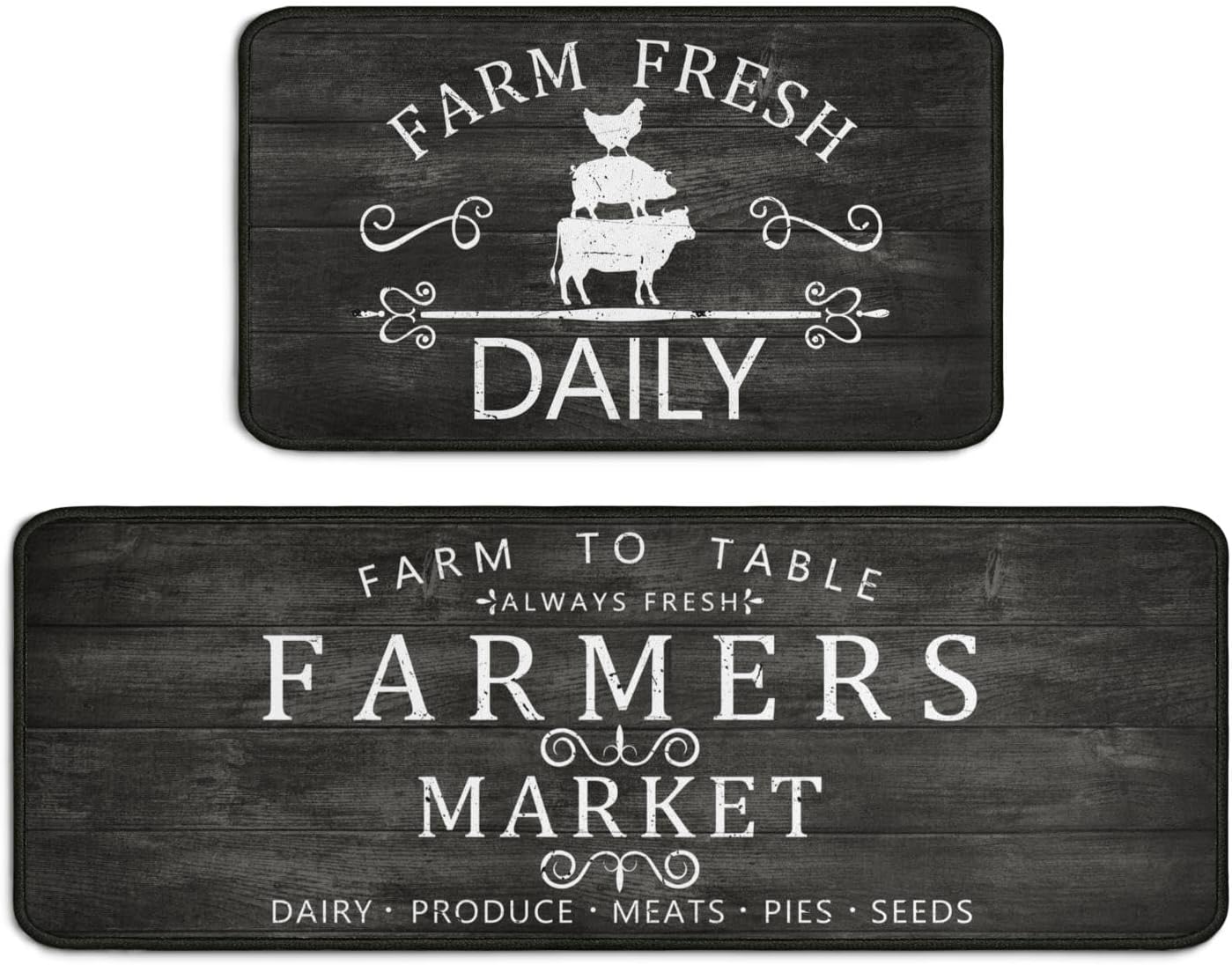 Farmhouse Kitchen Rugs Set of 2,Rustic Kitchen Rugs Farmhouse Style Mat Non-Slip Washable, Farmhouse Kitchen Decor Anti-Fatigue Floor Mat for Kitchen Sink Laundry Room, 17x30+17x47inch Black