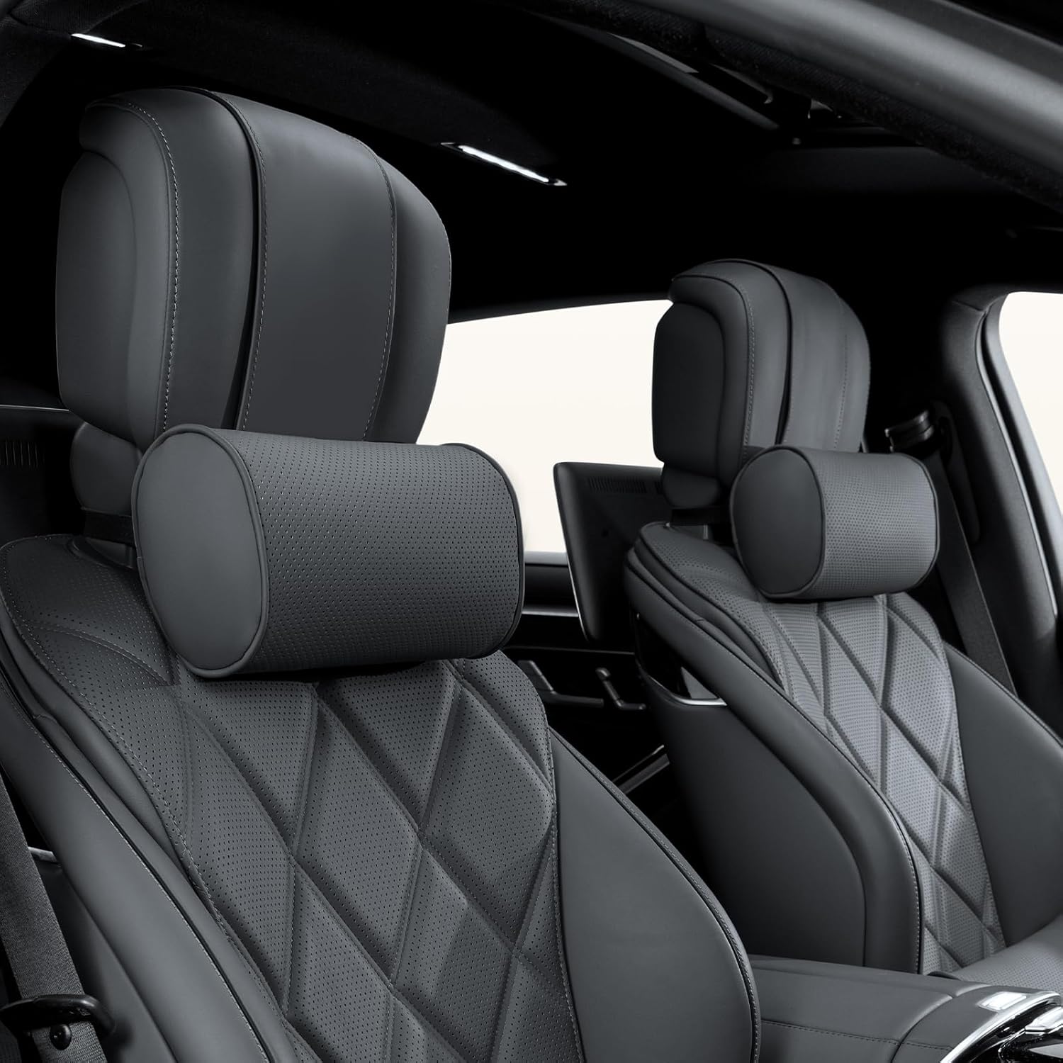 Dapucarin Car Headrest Pillow for Driving – Luxury Leather 100% Memory Foam, Ergonomic Neck Support – Universal Fit Head Rest Travel Pillow for Most Cars, Home & Office, Black, 2 Pack