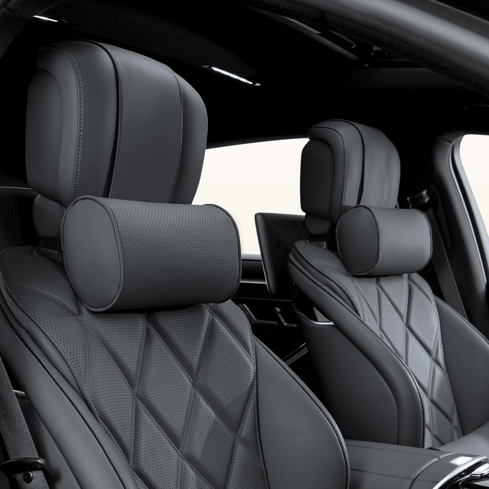 Coussins Appuie Tête Voiture, Support de Nuque D'appuie Repose-Tête Cervical Oreillers de Cou avec Cuir Mousse à Mémoire pour Le Siège d'Auto Conduite Passager Voyage, Noir, 2 Pièces