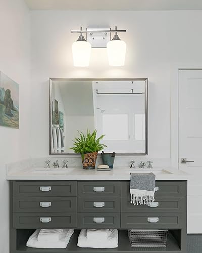 Miniatura 5 de OS-YQ9167-2BNW - Lámpara de baño de níquel cepillado de 15 pulgadas sobre espejo, lámpara moderna de pared de baño con vidrio esmerilado, 2 luces