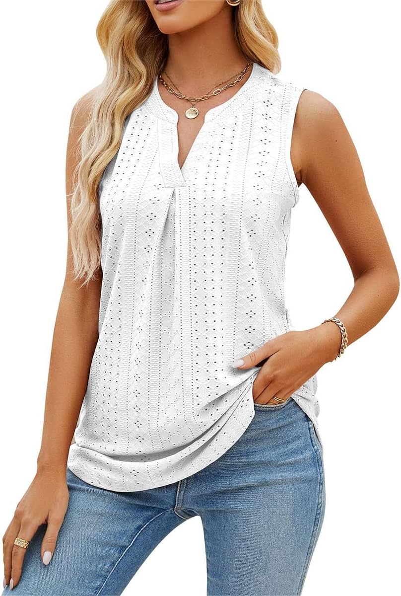 V Neck Sleeveless Tank Top for Women Summer Tunic Shirts with Eyelet Womens Tops Dressy Casual Business Outfits