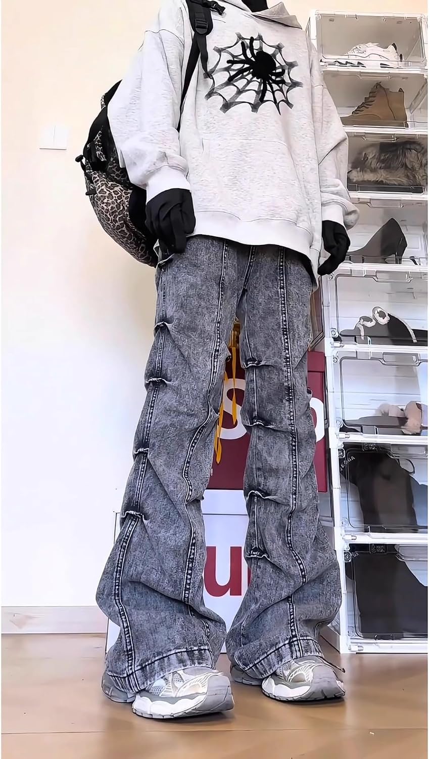 Men High Street Retro Washed Pants Trendy Comfortable Pleated Micro Flare Jeans Y2K Classic Bell Bottom Trousers