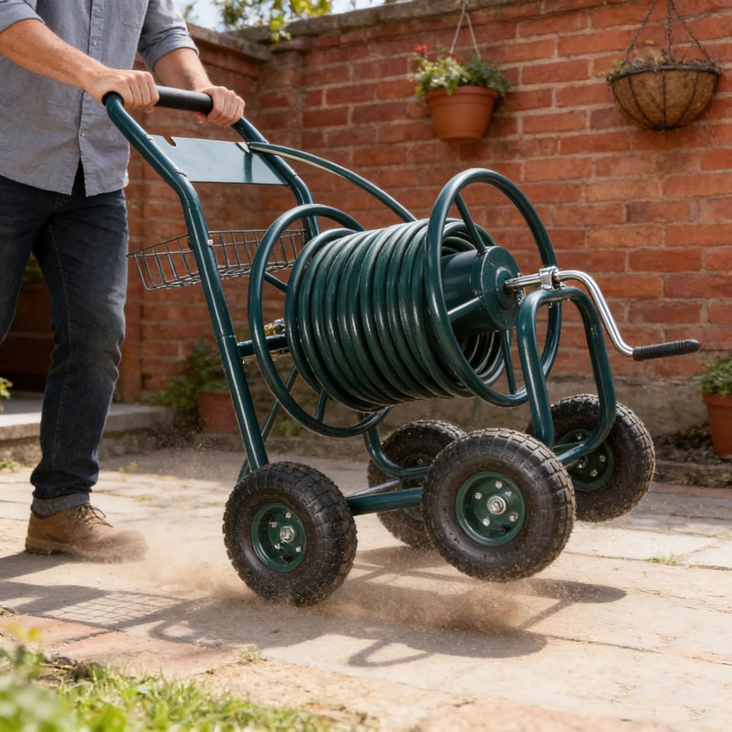 Garden Hose Reel Cart Up to 5/8’’ Hose, Garden Water Hose Carts Mobile Tools with 4 Wheels with Rust-Resistant Steel Frame & Storage Basket, 6FT Lead Hose, Easy Push Cart for Lawn, Yard (Green)