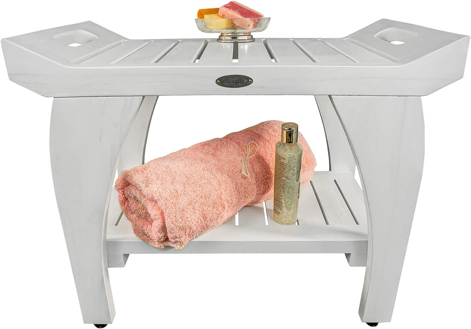 CoastalVogue Tranquility Teak Shower Bench Wood Shower Stool with Shelf and LiftAide Arms 300 Pound Weight Capacity Shower Bench in Antique White Finish - 24 inches