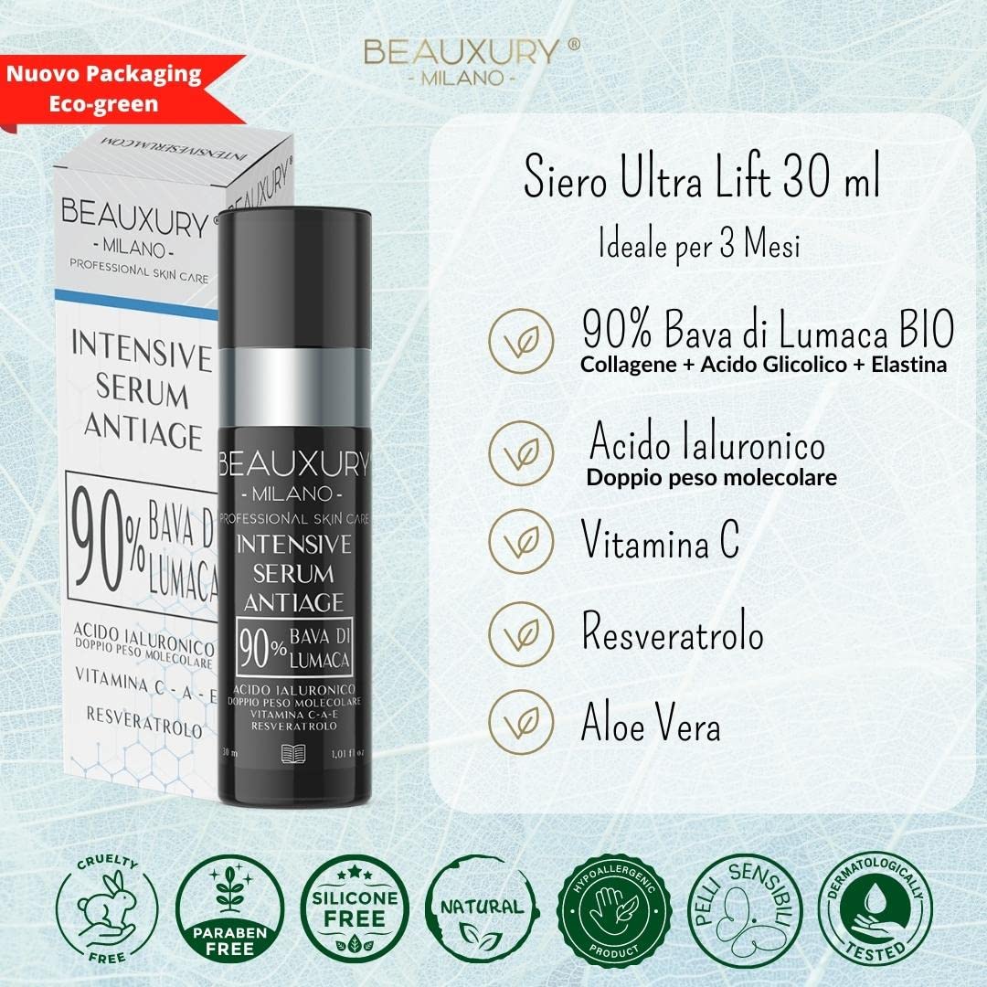 Beauxury Milano Anti-Falten-Gesichtsserum mit Schneckenschleim 90% und Anti-Age-Creme, Lifting-Effekt und Aufpolstern mit Hyaluronsäure – Talg-Set, normalisierend, ideal für reife Haut