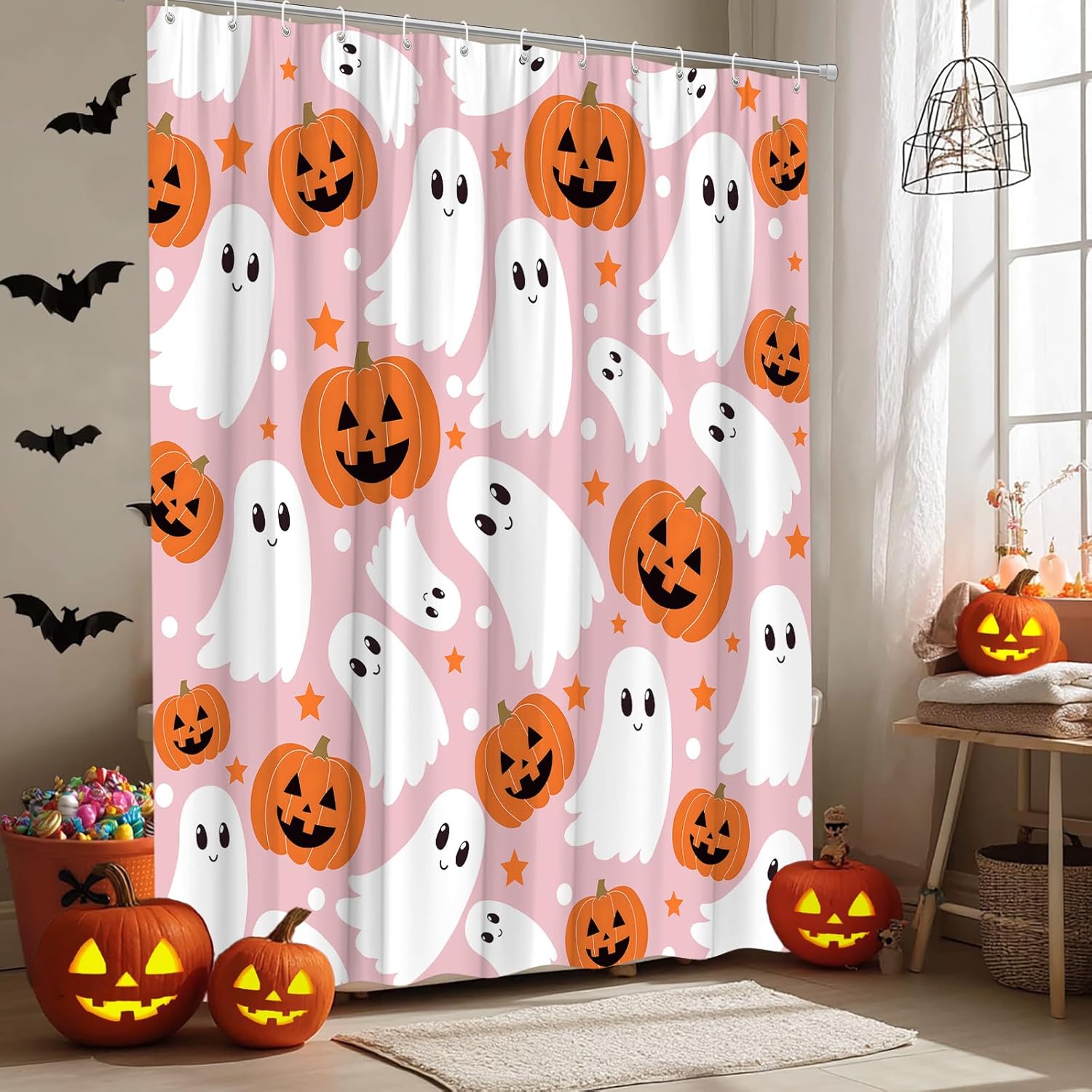 Cute Ghost Shower Curtain Halloween Spooky Pumpkin Funny Cartoon Holiday Fabric for Bathroom Decor Bathtub with Hooks(70" WX84 H)