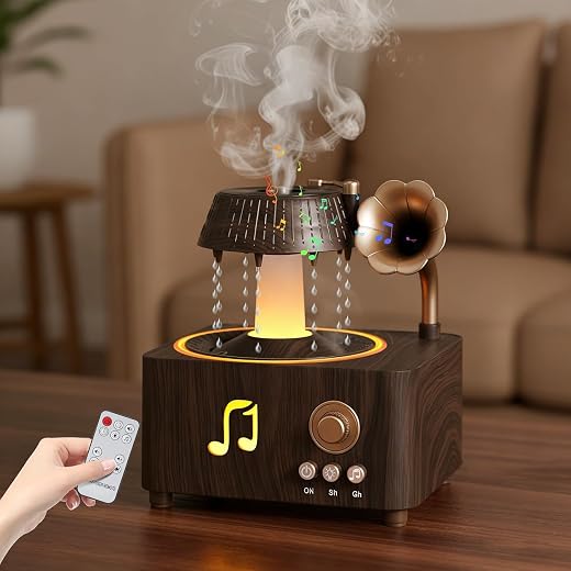 Raindrop Humidifier, Vintage Record Diffuser with White Noise &amp; Bluetooth Speaker Air Humidifiers with 7 Colorful Light Qu...