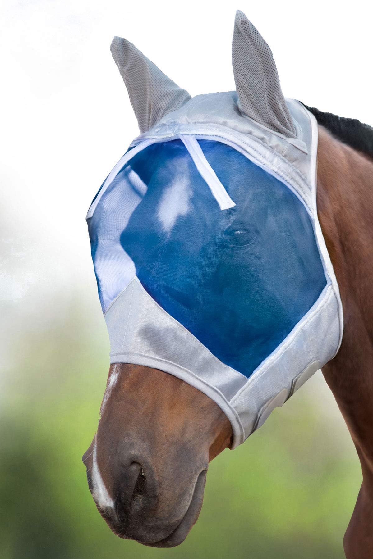 Harrison Howard CareMaster Maschera Anti-Mosche per Cavallo UV Protezione con para Orecchie Argento/Blu (XL; Extra Full)