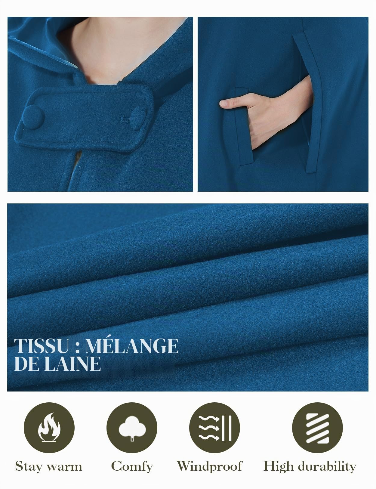 BEAUTELICATE Cape à Capuche Longue de Femme Mariage Mariée Manteau Poncho Courte Laine Chaude de Hiver Costume de Noël Halloween Médiévale Carnaval Deguisement