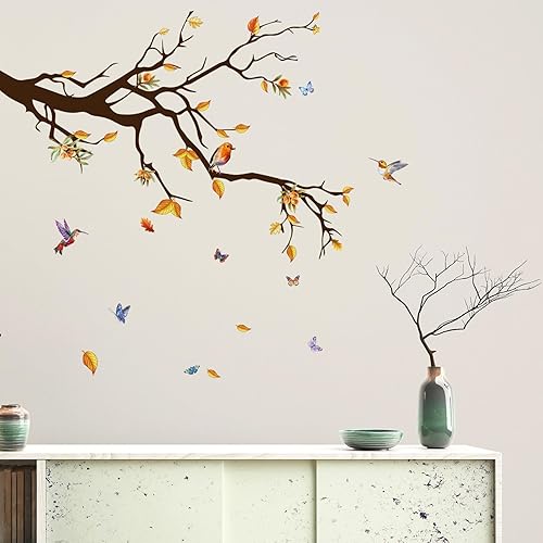 Miniatura 4 de ADECNS Pegatinas de pared de pájaros amarillos en ramas de árbol largas, removibles, creativas ramas de árbol, calcomanías de pared, bonitos