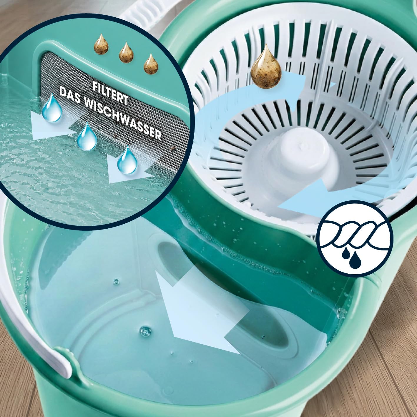 CLEANmaxx Power-Wischmopp mit Zwei-Kammer-Filtersystem | Designed in Deutschland - Schmutzwasser wird gefiltert, leichtes Auswringen für streifenfreie Sauberkeit | Ideal für Laminat, Parkett & Fliesen
