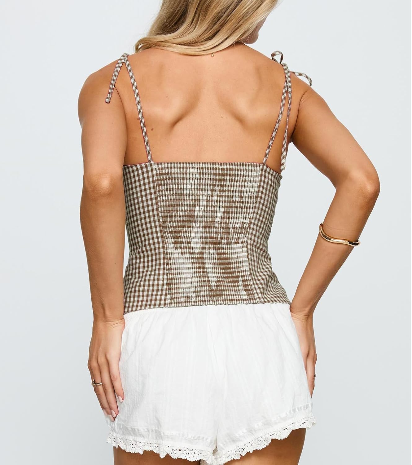 Women Y2K Gingham Plaid Tank Top Lace Trim Sleeveless V Neck Cami Shirt Button Up Tie Shoulder Slim Straps Camisole - Image 3