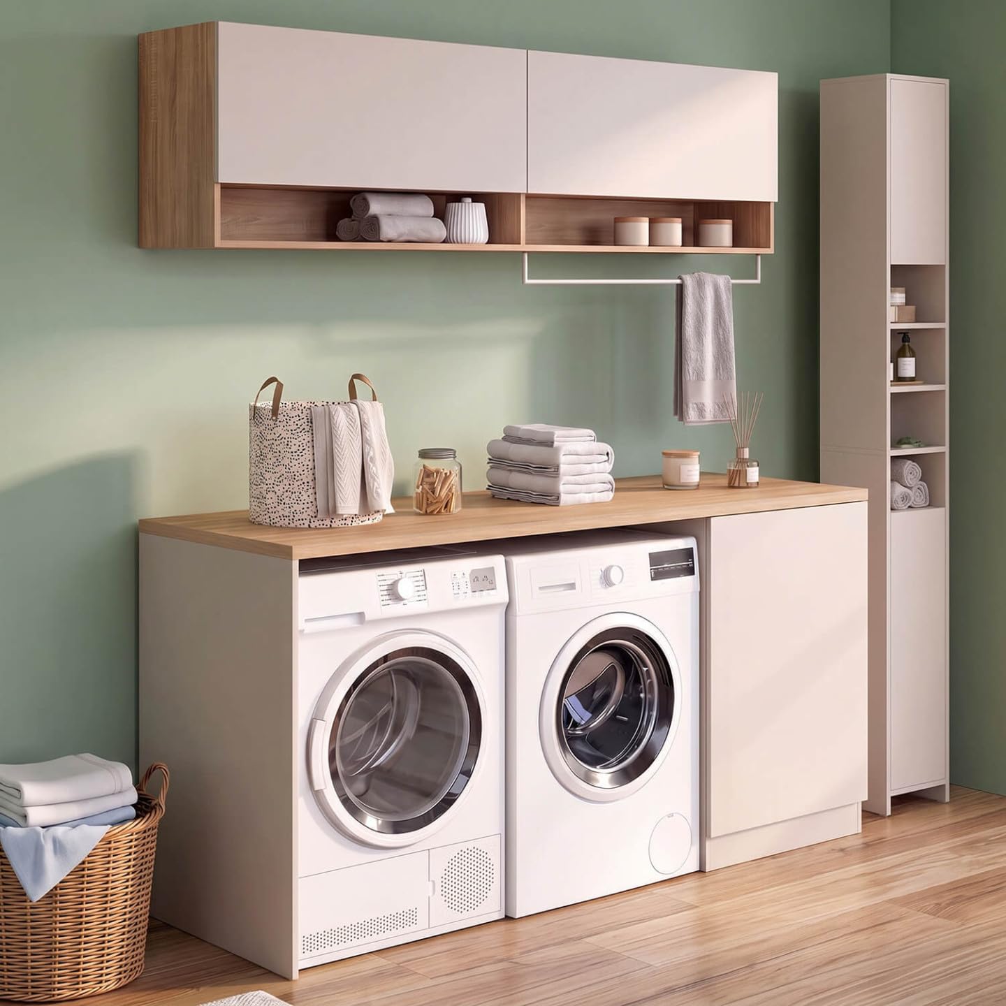 IDMarket – Mueble de lavandería, lavadora y secadora TOMI con encimera L. 180 cm y armarios Beige y Madera