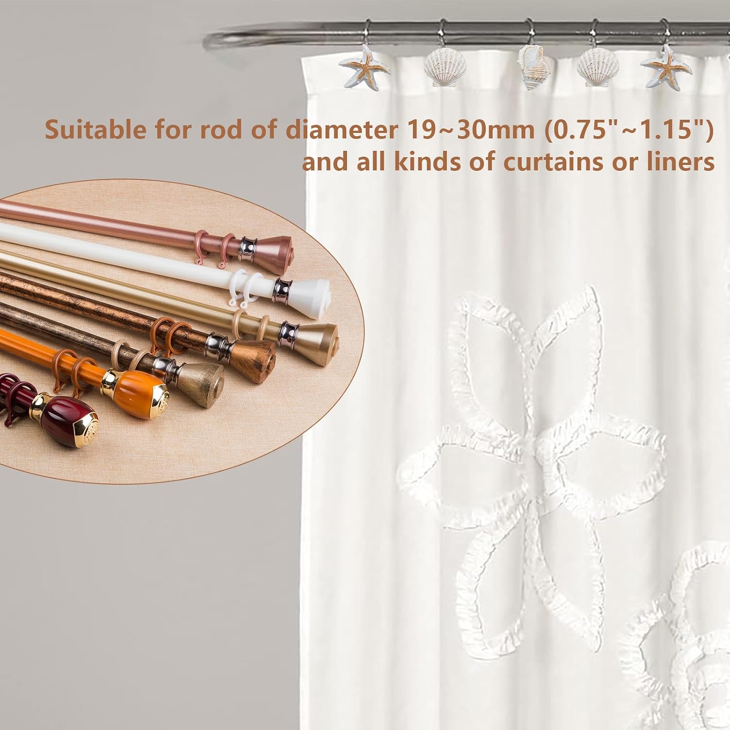 12-Pack Coastal Shower Curtain Hooks – Decorative Seashell Starfish Conch Shower Curtain Rings Rust-Proof Stainless Steel, Beach Theme Bath Shower Hooks Decor for Beach & Ocean Themes