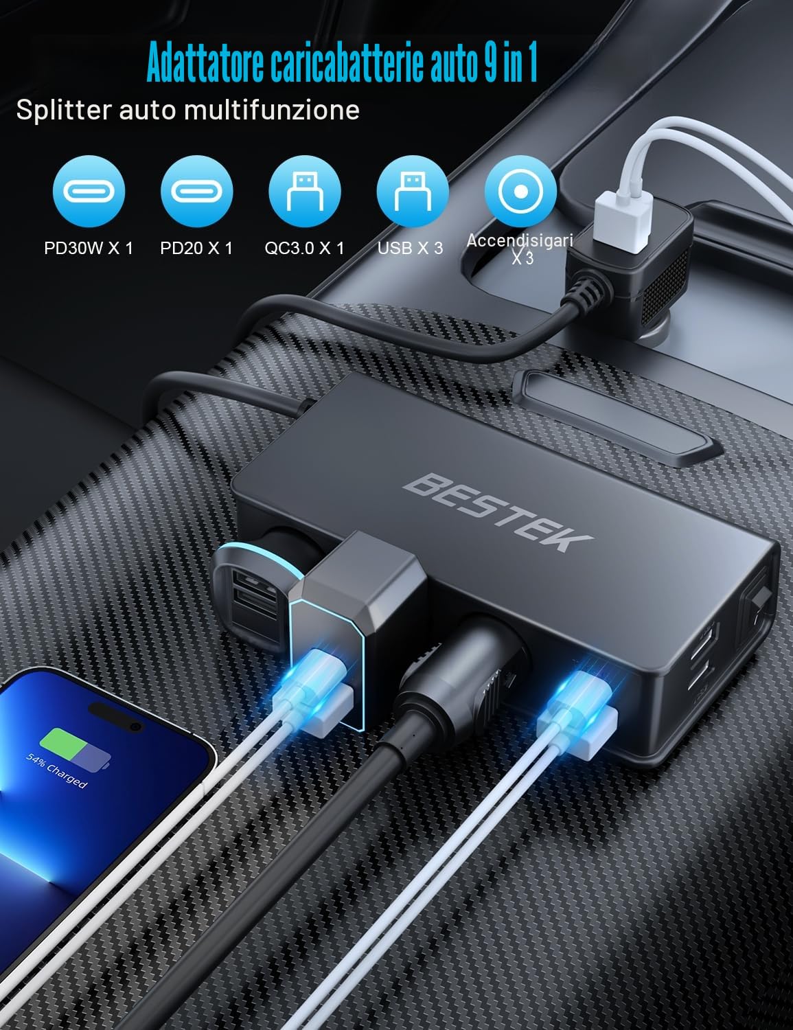 BESTEK Caricatore Auto USB-C PD USB QC3.0 Caricabatterie da Auto 148W, 9 in 1 Adattatore per Accendisigari 12V/24V con 3 Prese & 6 Porte con Display LED per iPhone Dash Cam