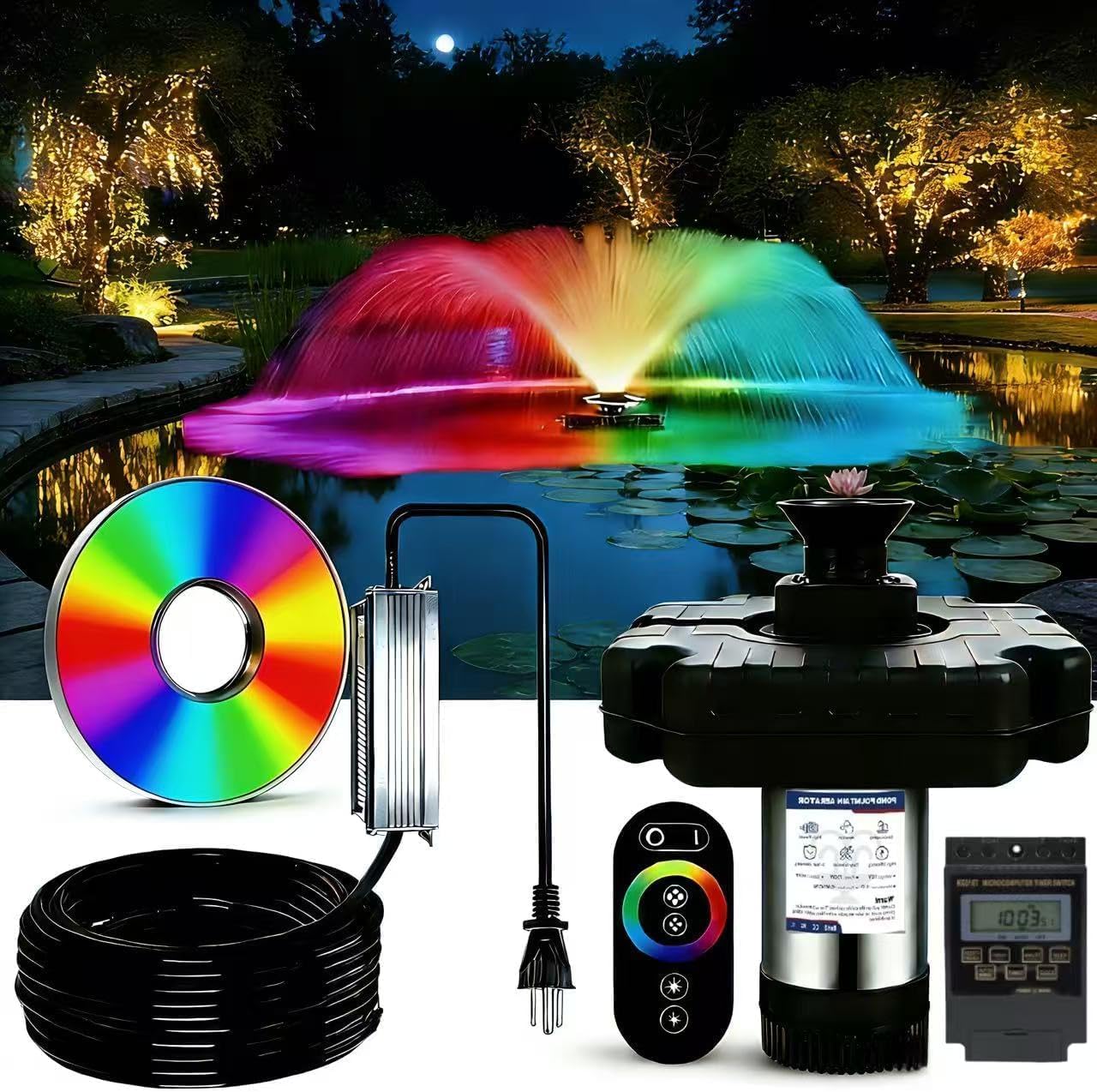 Pond Fountain Aerator,Pond Aerator,with Dynamic LED RGB Lighting Adjustable Modes, Digital Timer | 1 HP 15,000 GPH, 750W 110V, 100FT Cord - for Large Ponds, Lakes & Outdoor Water Features