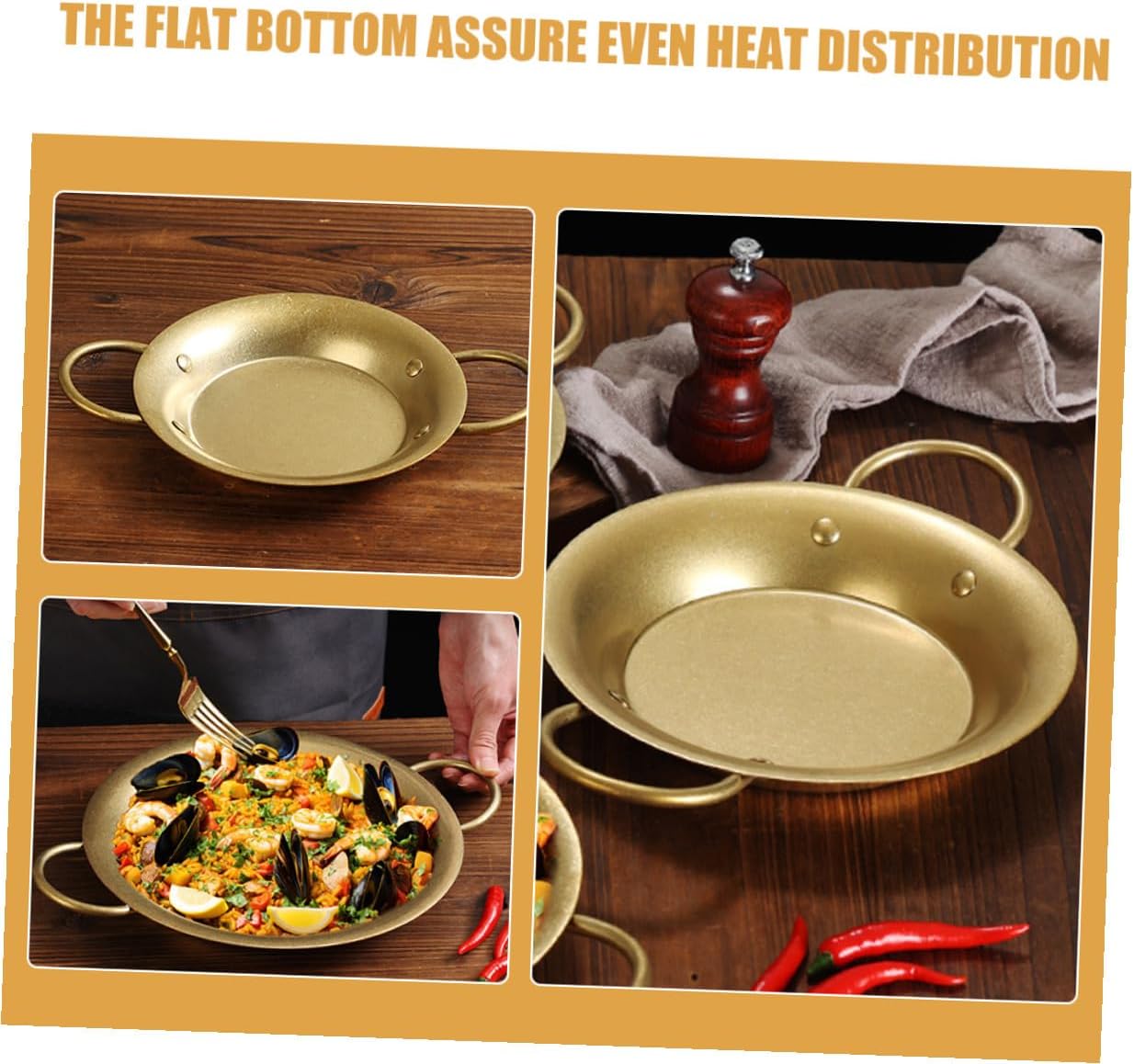 TIDTALEO Vintage 20.5cm Stainless Steel Spanish Paella Pan Double Handle Non-toxic Cooking Skillet for Home Kitchen Seafood and Rice Dishes