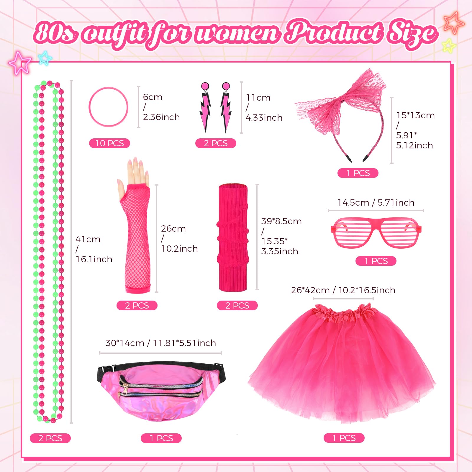 HuiJuKeJi 80s Fancy Dress Outfit for Women 80s Party Costume Set Ladies 1980s Fancy Dress Costume Neon Costumes Outfits Accessories for Retro Theme Party Retro Outfit Party Dress up (L) - Image 2
