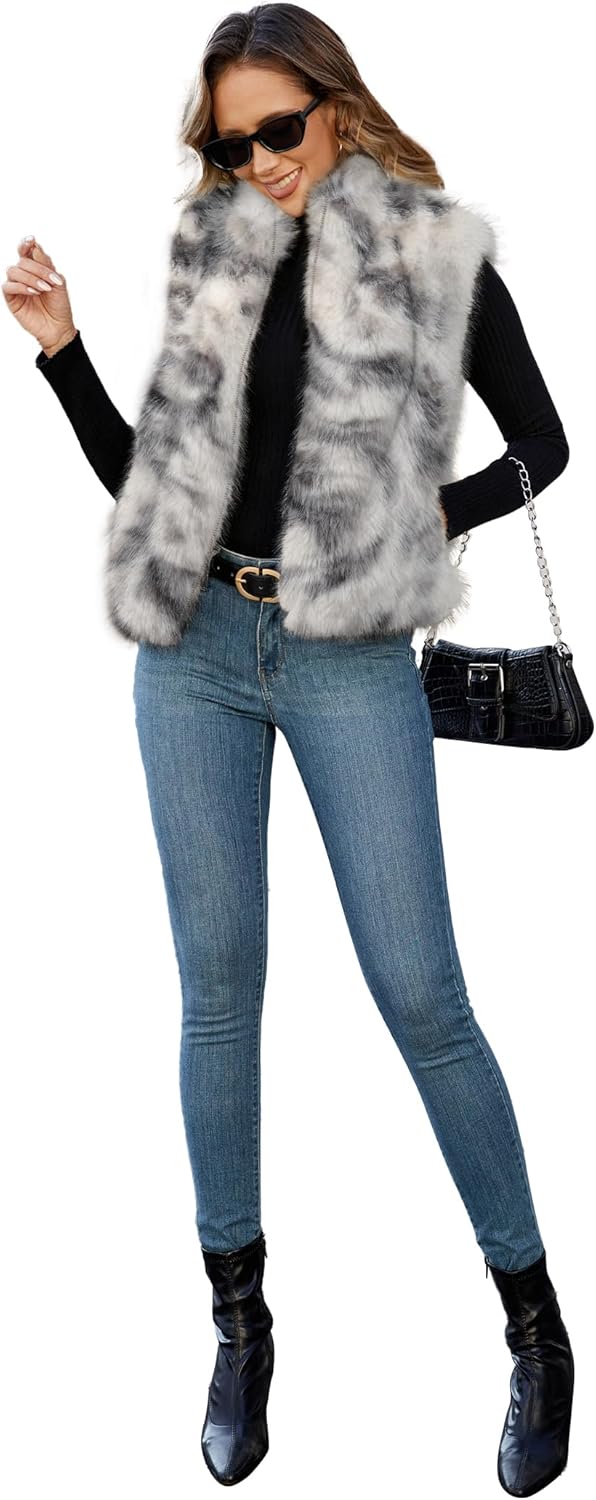Womens Faux Fur Vest Stand Collar Sleeveless Zip Up Vest Cardigan Top Fuzzy Coats Jacket Fluffy Outwear with Pockets - Image 6