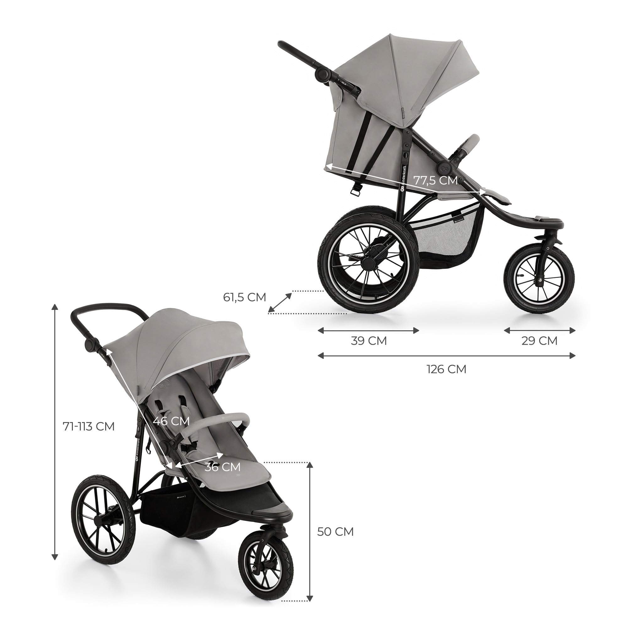 Kinderkraft HELSI 2 Buggy bis 27 kg, ab Geburt, große Luftreifen, Liegefunktion, verstellbarer Griff, zusammenklappbar, Untersitzkorb, Grau