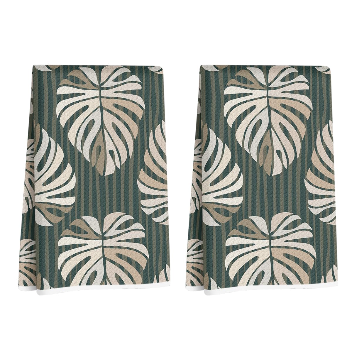 2 Pcs Tropical Palm Leaf Kitchen Towels, Green Stripe Decorative Dish Towel