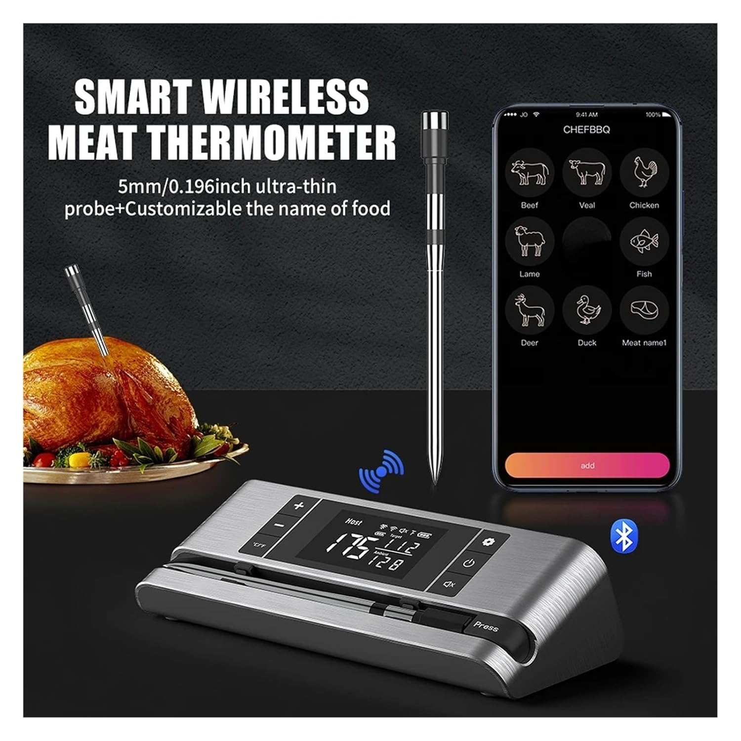 Smart Bluetooth Wireless Meat Thermometer for Grilling, Oven, Smoker, and Air Fryer Cooking