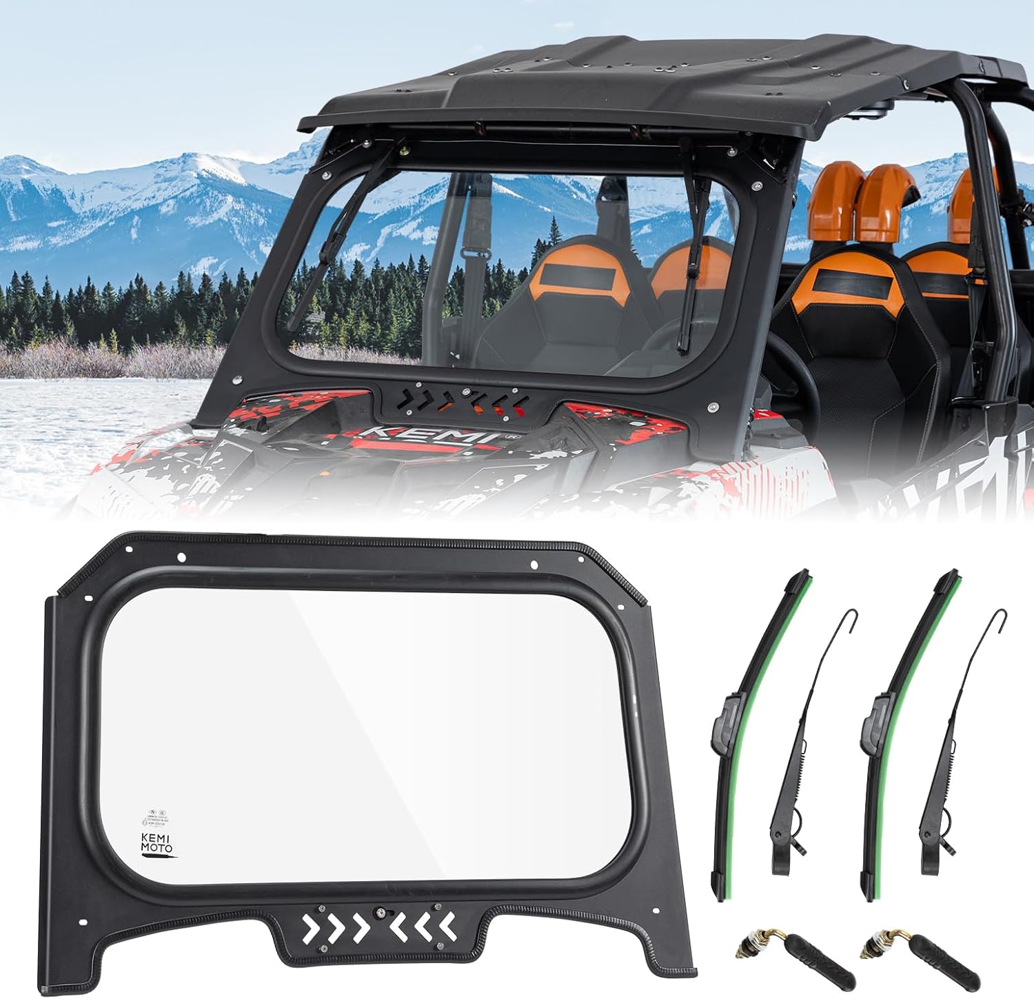 KEMIMOTO 19-23 XP 1000 Glass Windshield with 2 Manual Wipers Scratch Resistant, Compatible with 2019-2023 Polaris RZR XP 1000 / RZR XP Turbo, Vent Front Full Window High Sheerness