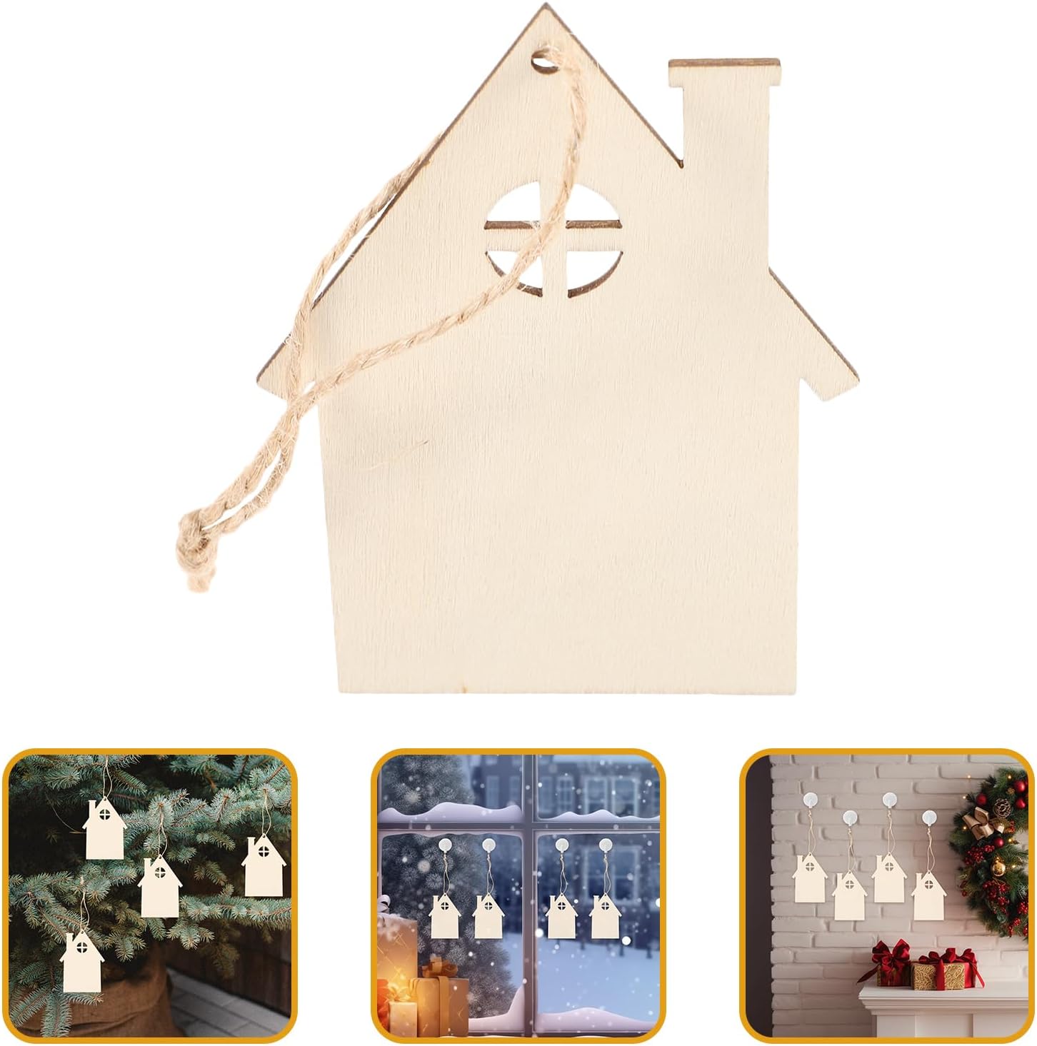 PRETYZOOM 20pcs Wooden Christmas House Cutouts Embellishments Unfinished Christmas Tree Hanging Ornaments Xmas Blank Wood Slice Tag with Ropes for DIY Crafts