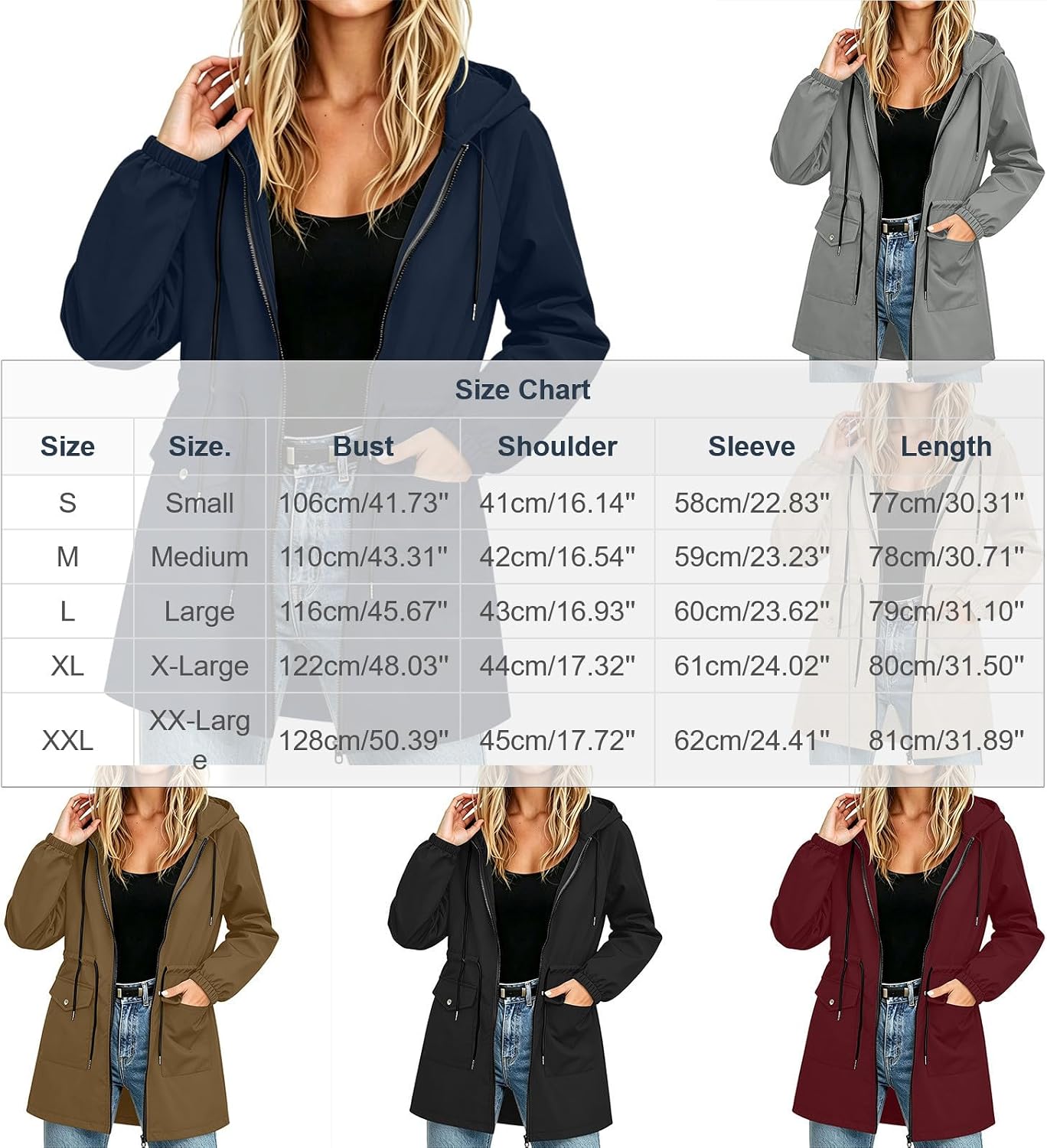 Anorak Coat for Women V Neck Hooded Zip Up Cinch Waist Jacket | Women's Mid Length Rain Jacket with Kangaroo Pocket, Drawstring Hood, Long Sleeve for Fall Spring Travel Casual