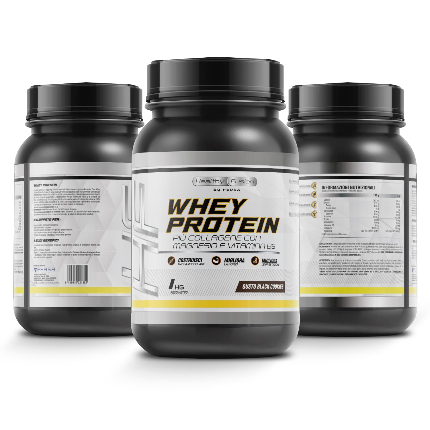 Whey Protein in Polvere Healthy Fusion | Proteina Premium 100% Pura + BCAAS + Aminoacidos | Alto Contenuto Proteico | Maggiore Crescita Muscolare, Recupero e Benessere Generale | Gusto Biscotti 1kg
