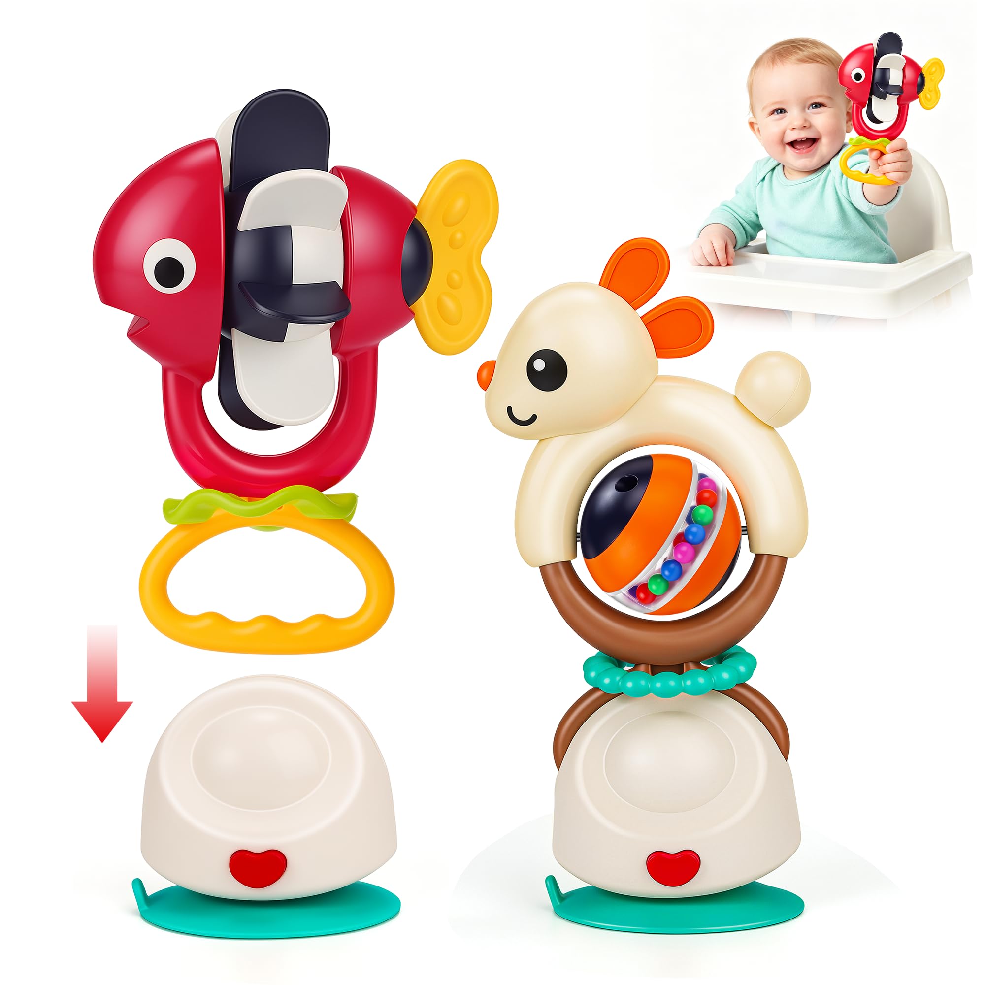 Aolieh Suction Cup Baby Toys, 2-in-1 High Chair Spinner Rattle Set, 2 Pack