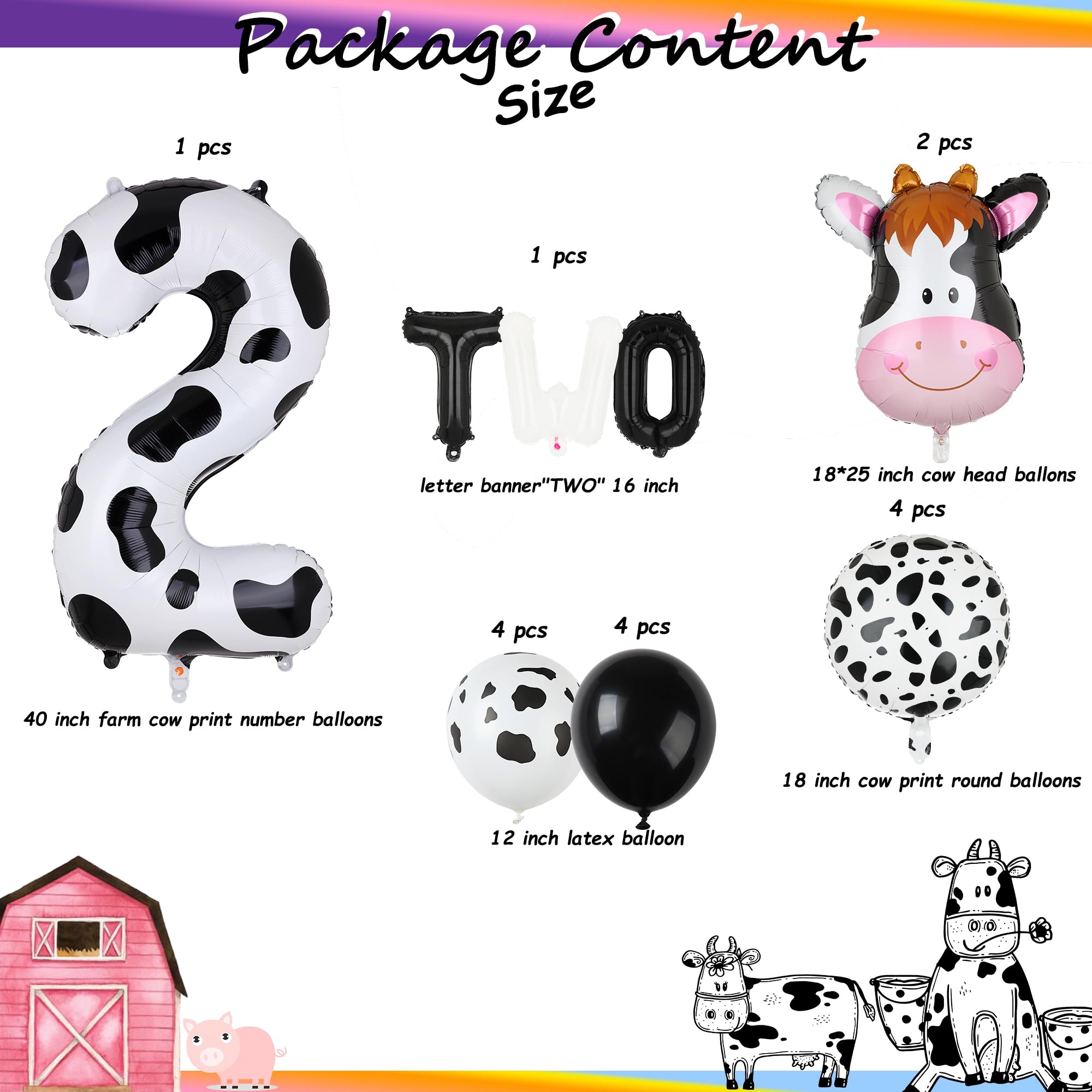 Cow Print Number 2 Birthday Decorations - 40 Inch Balloon & Banner Set For 2nd Birthday Farm Theme Party