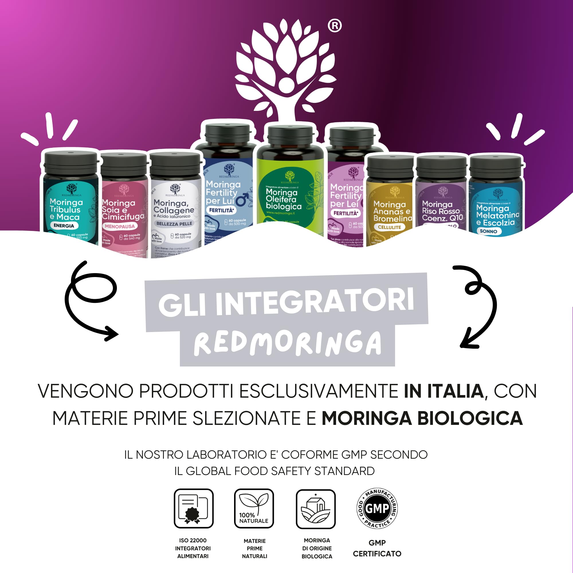 Collagene Marino Idrolizzato potenziato con Moringa BIO contro Radicali Liberi – Acido Ialuronico, Zinco, Biotina, Rame, Vit. A B2 B3 C – Integratore Pelle e Articolazioni – 60 Capsule | RedMoringa