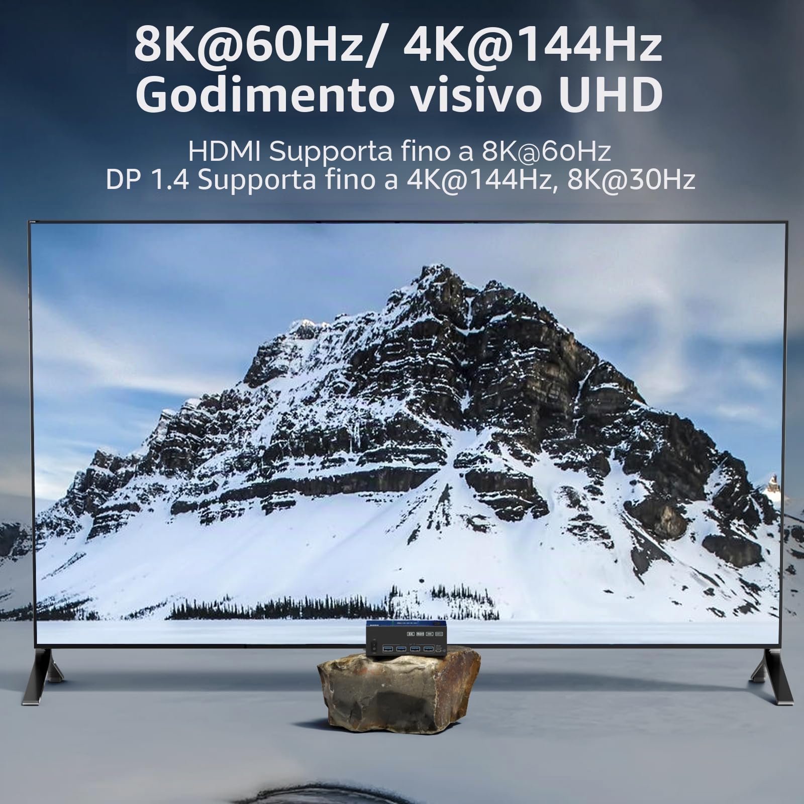 KVM Switch 2 PC 3 Monitor 8K@60Hz / 4K@144Hz, Displayport 1.4 HDMI 2.1 USB 3.0 KVM Switch Triplo Monitor per 2 PC Condividi Mouse e Tastiera, Wired Remote(8K HD DP 2 in 3 out)